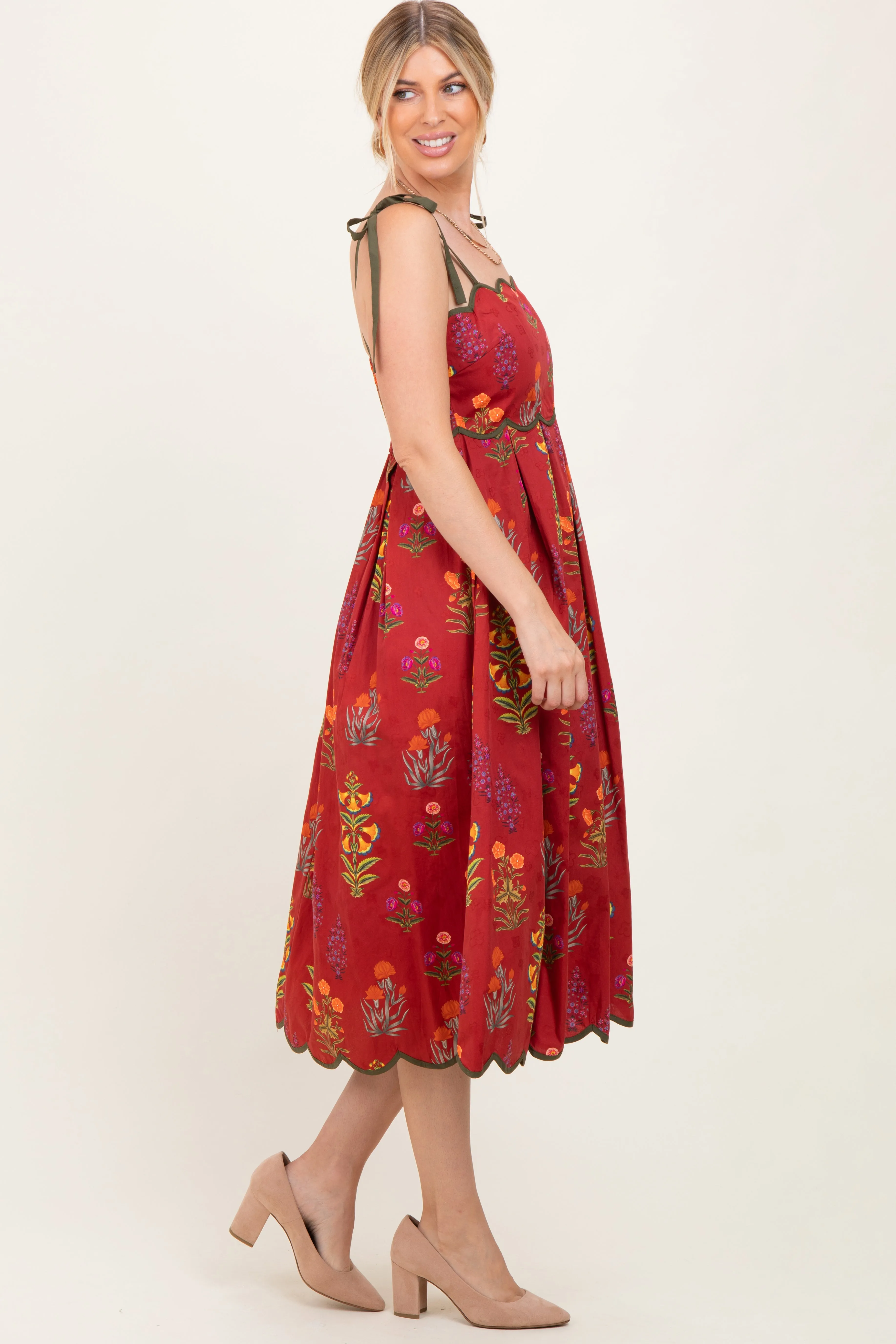 Rust Floral Scallop Edge Shoulder Tie Midi Dress sold by Pinkblush product image thumbnail 3