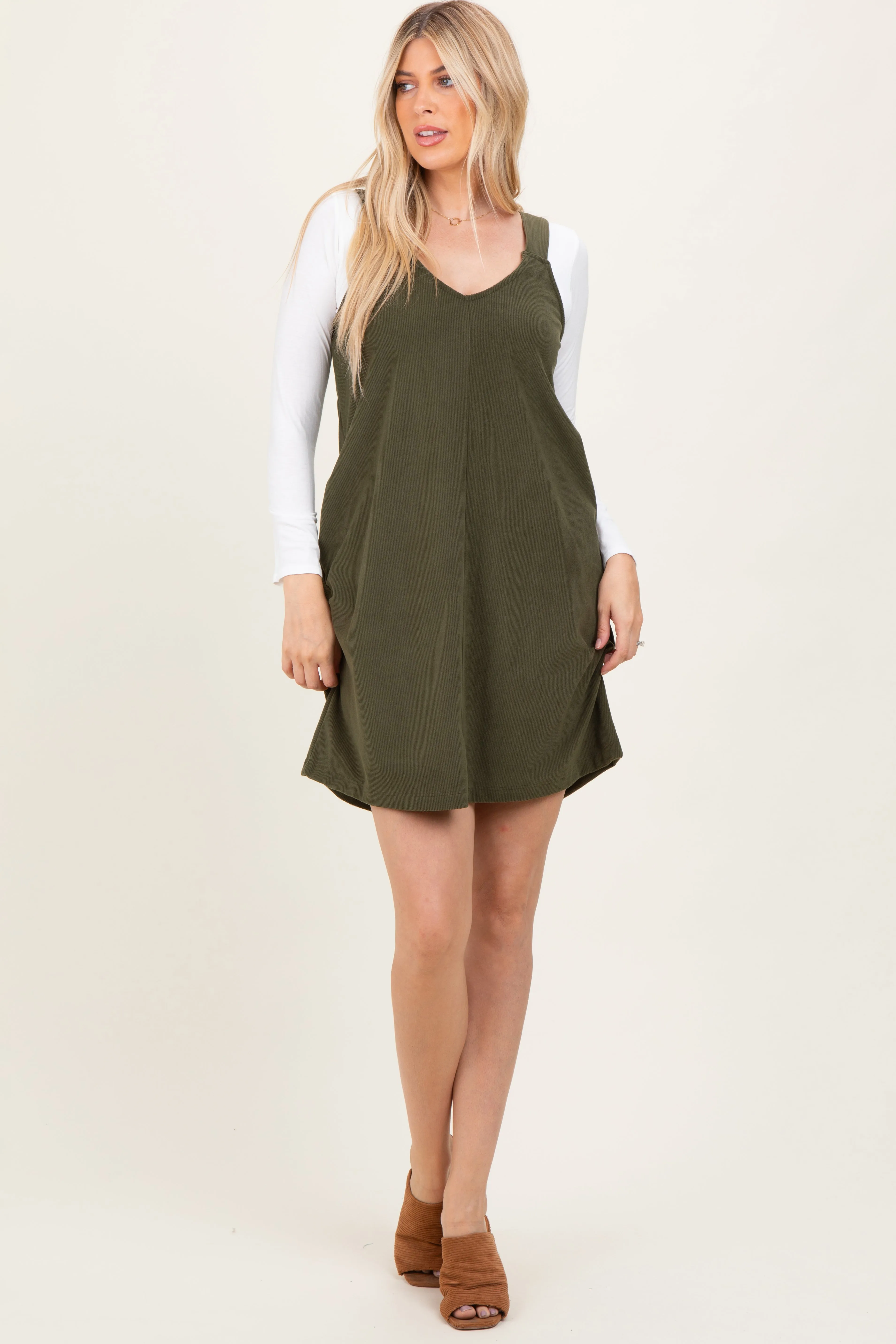 Olive Solid Corduroy V-Neck A-Line Mini Dress sold by Pinkblush product image thumbnail 2