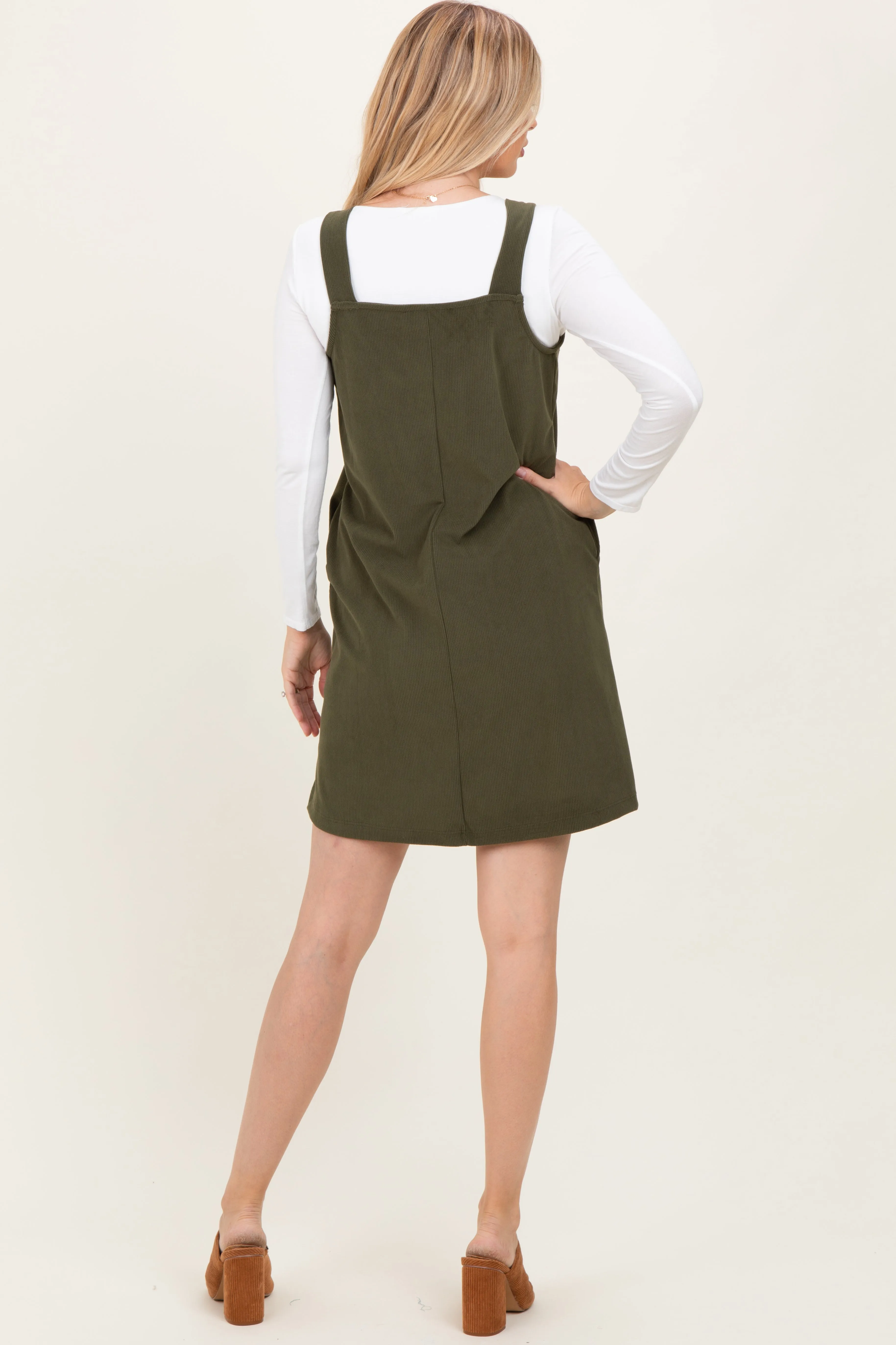 Olive Solid Corduroy V-Neck A-Line Mini Dress sold by Pinkblush product image thumbnail 4