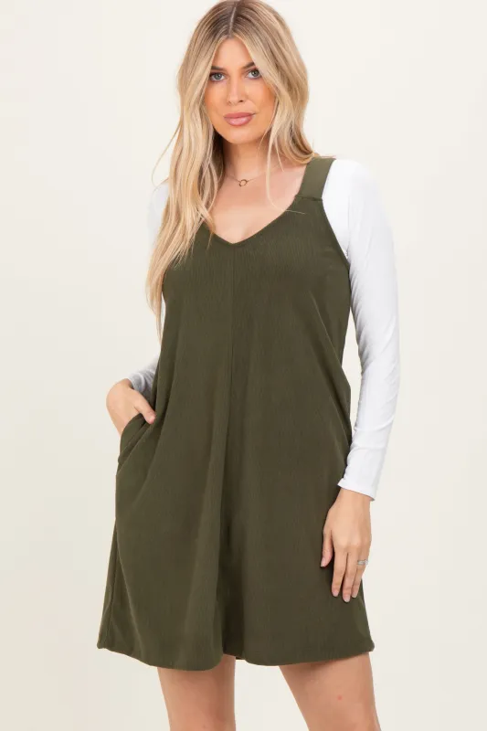 Olive Solid Corduroy V-Neck A-Line Mini Dress sold by Pinkblush