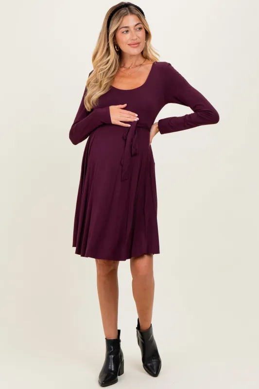Plum Scoop Neck Long Sleeve Waist Tie Maternity Dress sold by Pinkblush