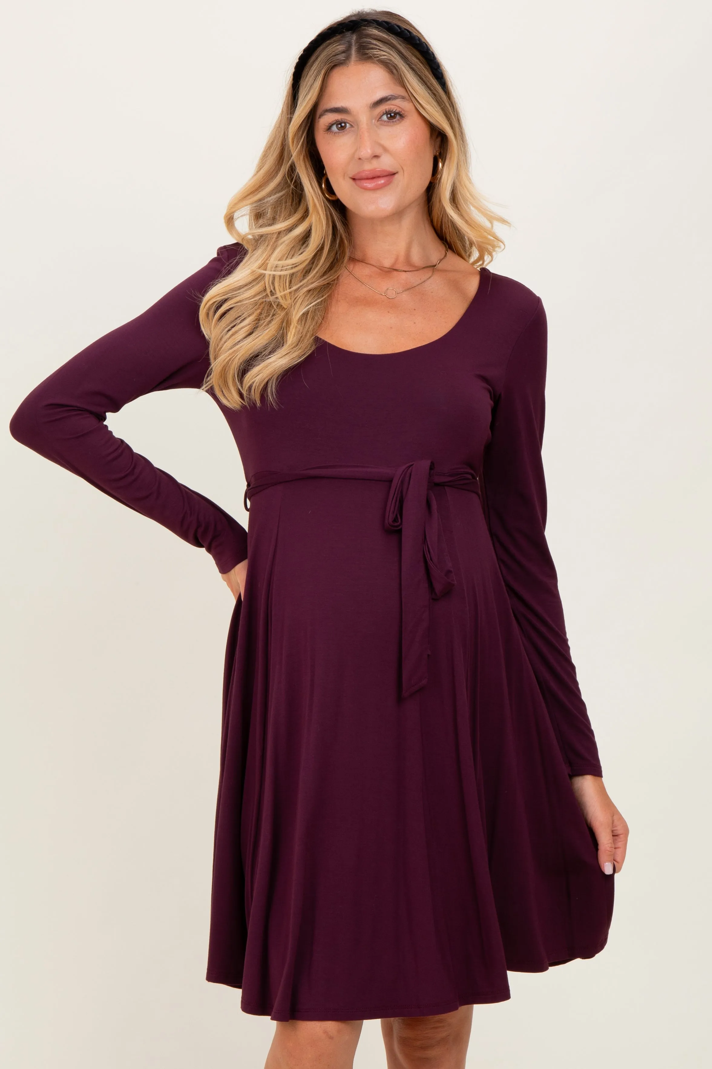 Plum Scoop Neck Long Sleeve Waist Tie Maternity Dress sold by Pinkblush product image thumbnail 2