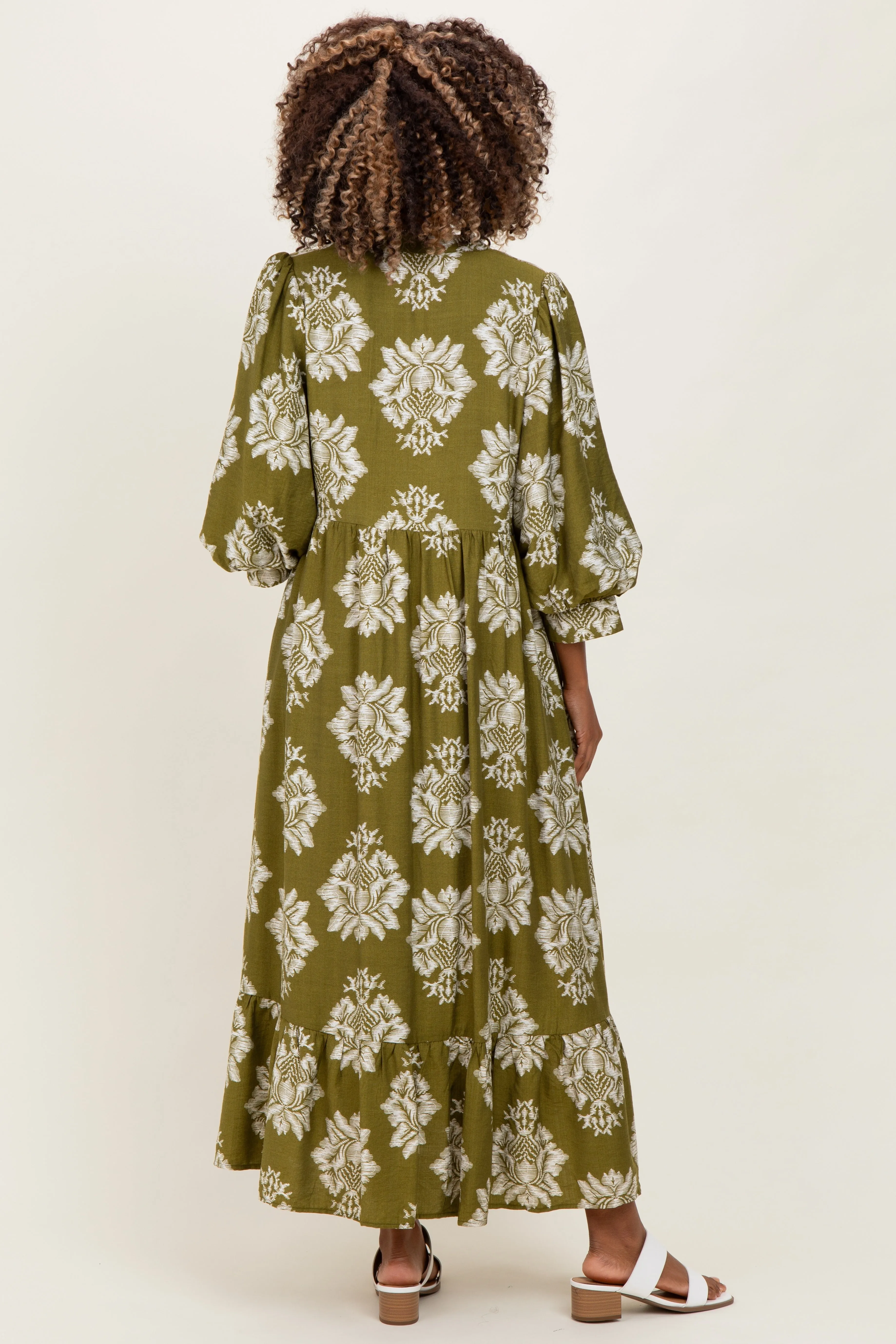Olive Floral V-Neck 3/4 Sleeve Maternity Midi Dress sold by Pinkblush product image thumbnail 3