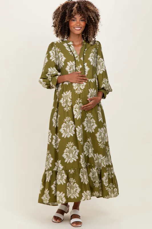 Olive Floral V-Neck 3/4 Sleeve Maternity Midi Dress sold by Pinkblush