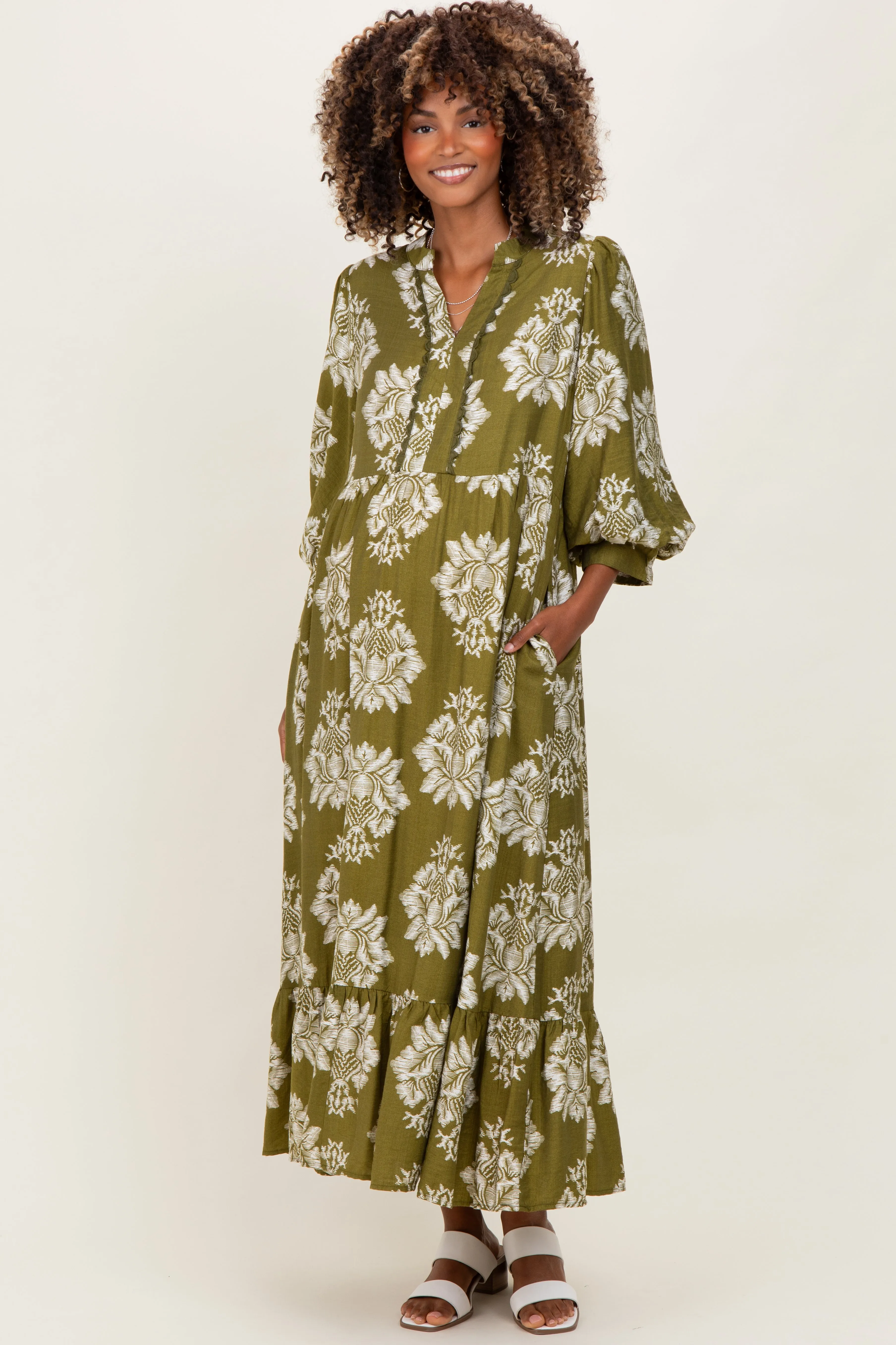 Olive Floral V-Neck 3/4 Sleeve Maternity Midi Dress sold by Pinkblush product image thumbnail 2