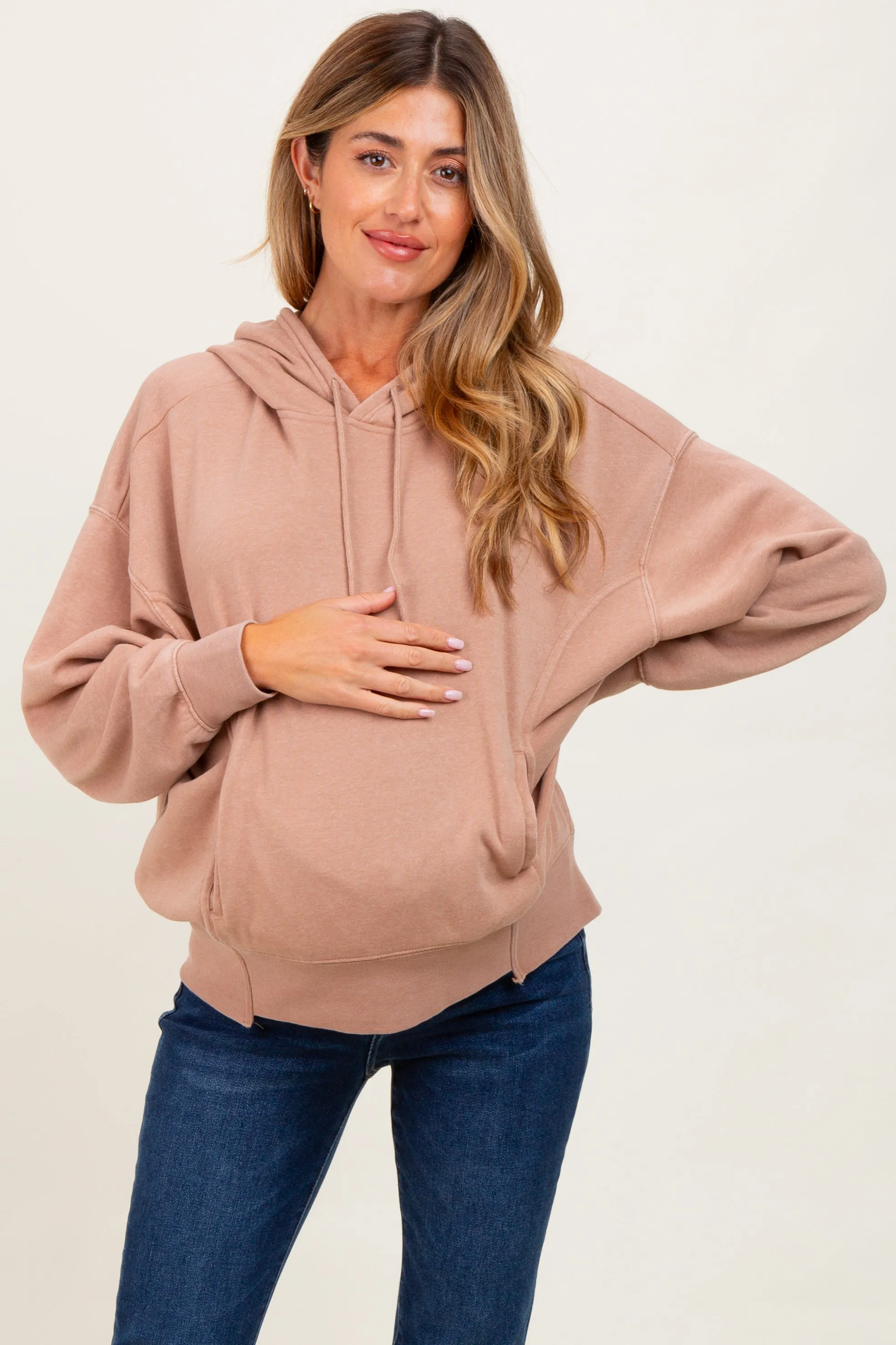 Beige Drop Shoulder Long Sleeve Oversized Maternity Hoodie sold by Pinkblush