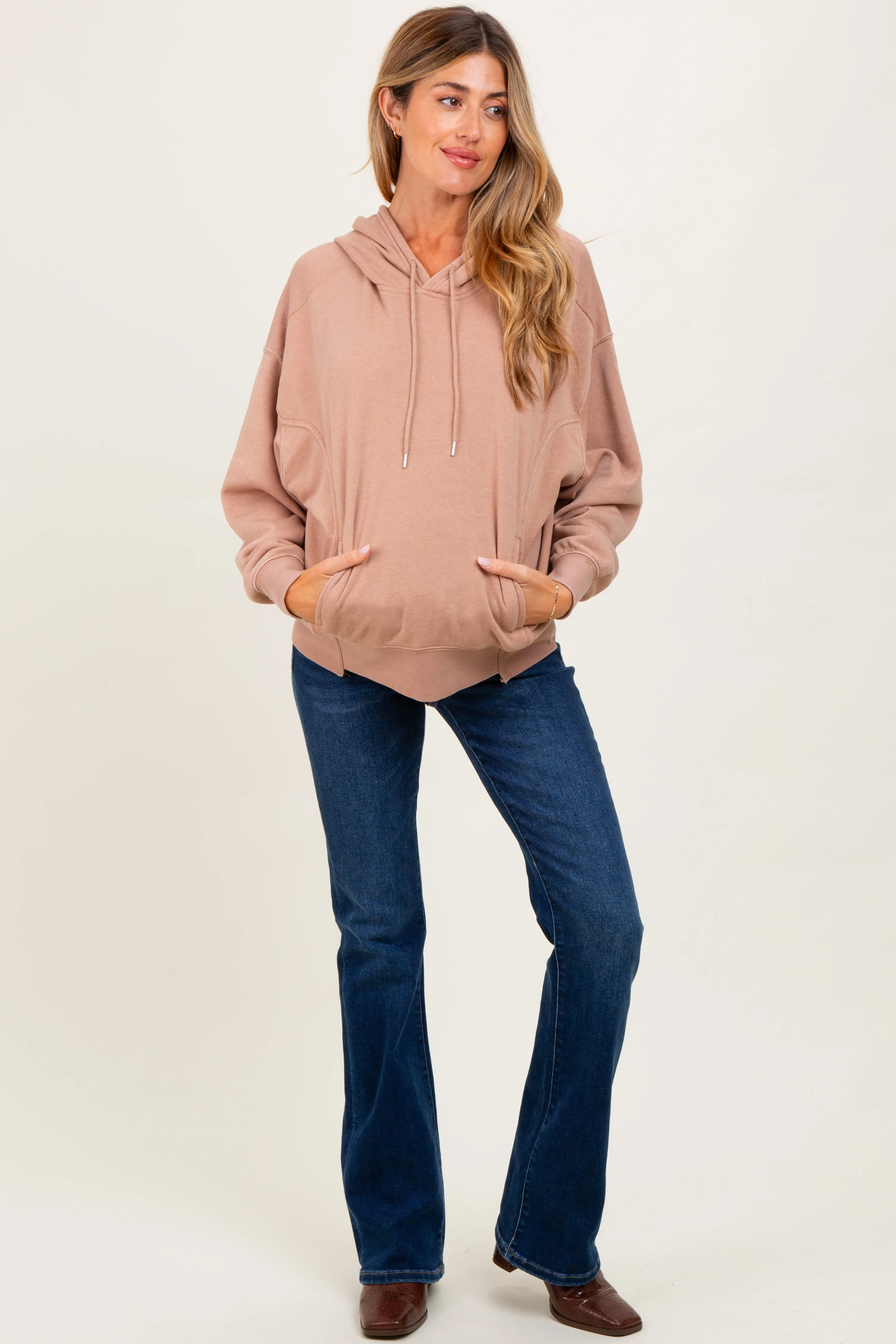 Beige Drop Shoulder Long Sleeve Oversized Maternity Hoodie sold by Pinkblush product image thumbnail 2