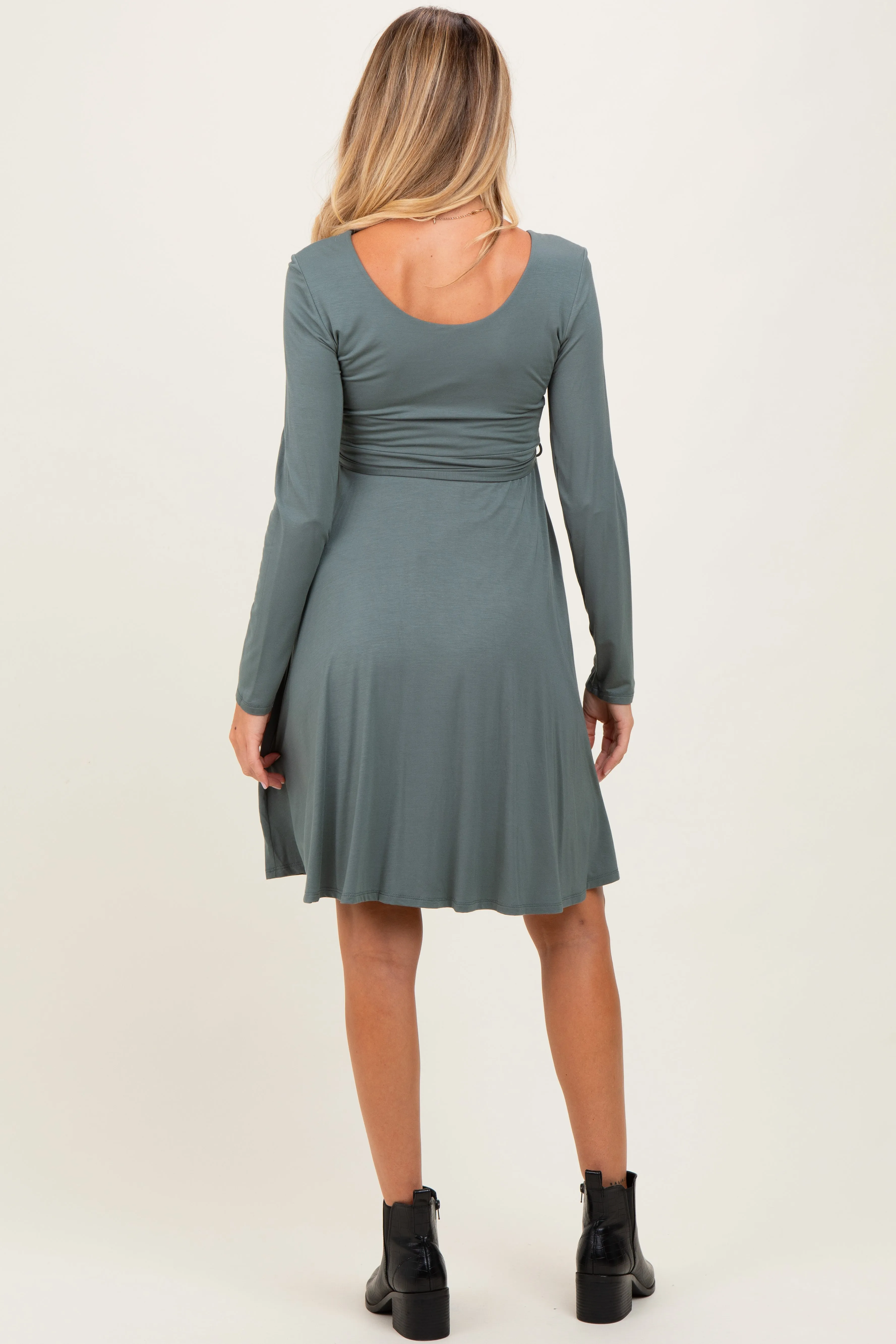 Olive Scoop Neck Long Sleeve Waist Tie Maternity Dress sold by Pinkblush product image thumbnail 4