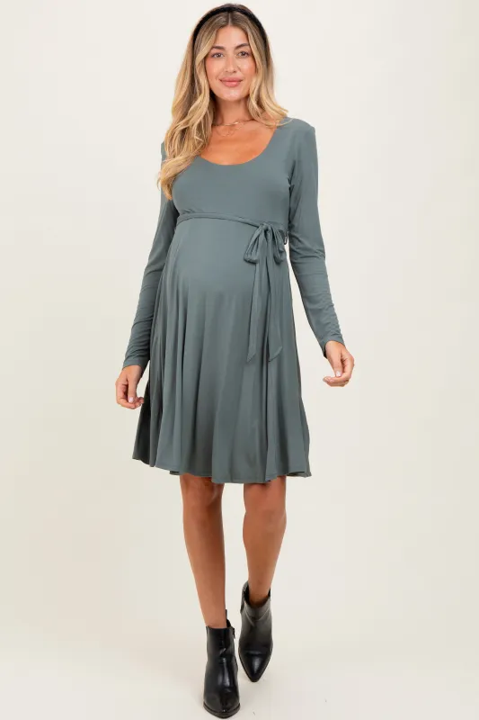Olive Scoop Neck Long Sleeve Waist Tie Maternity Dress sold by Pinkblush