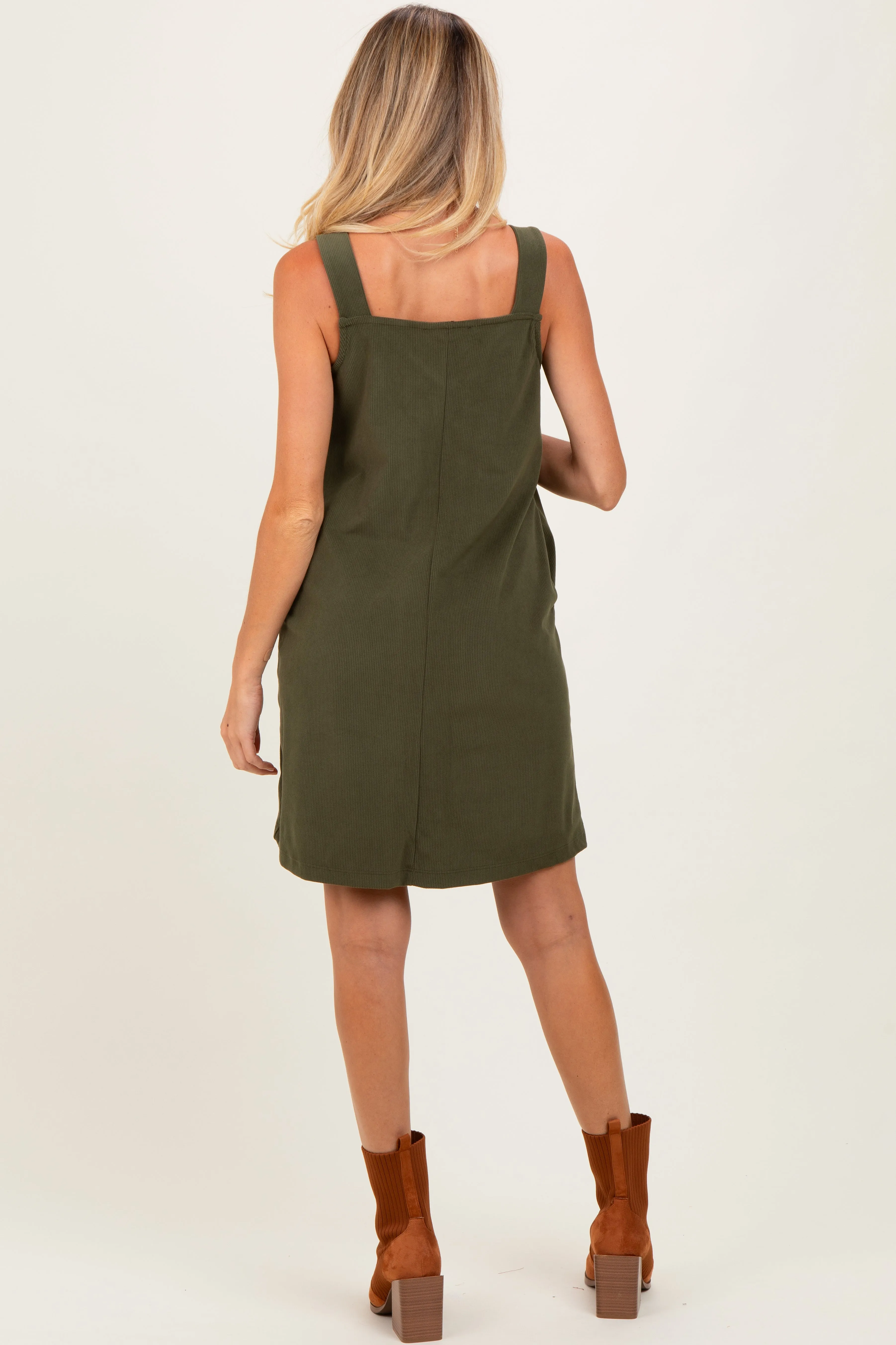Olive Solid Corduroy V-Neck A-Line Maternity Mini Dress sold by Pinkblush product image thumbnail 3
