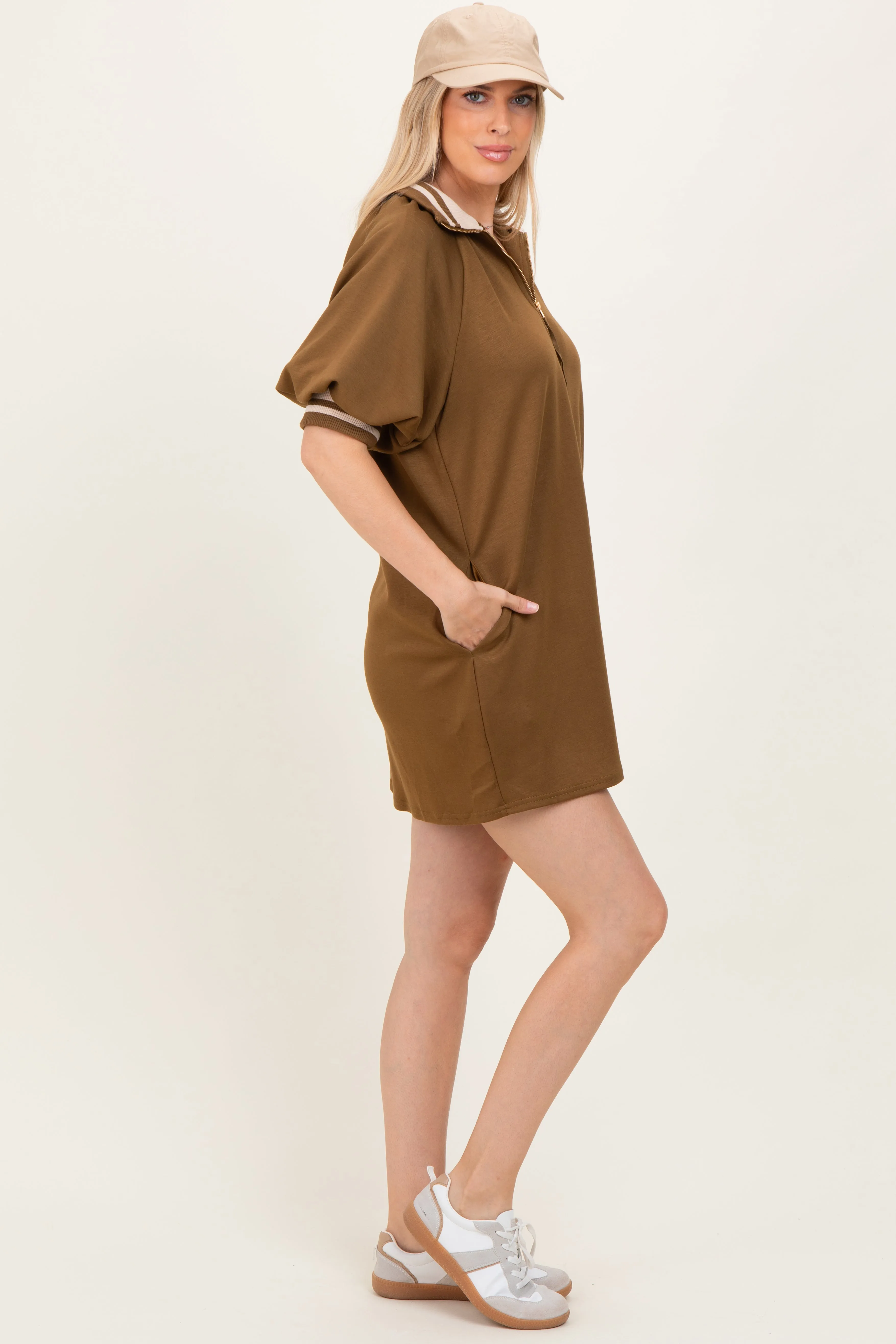 Olive Half Zip Puff Sleeve Mini Dress sold by Pinkblush product image thumbnail 3
