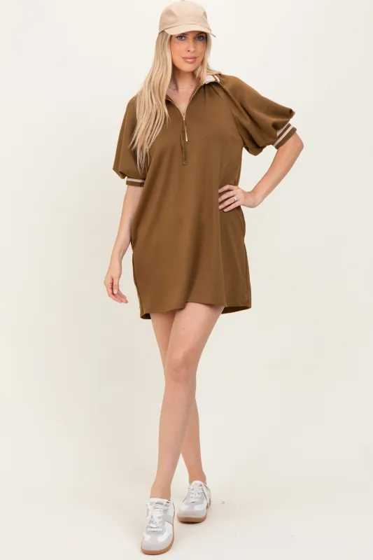 Olive Half Zip Puff Sleeve Mini Dress sold by Pinkblush