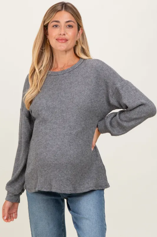 Charcoal Puff Sleeve Solid Maternity Sweater Top sold by Pinkblush