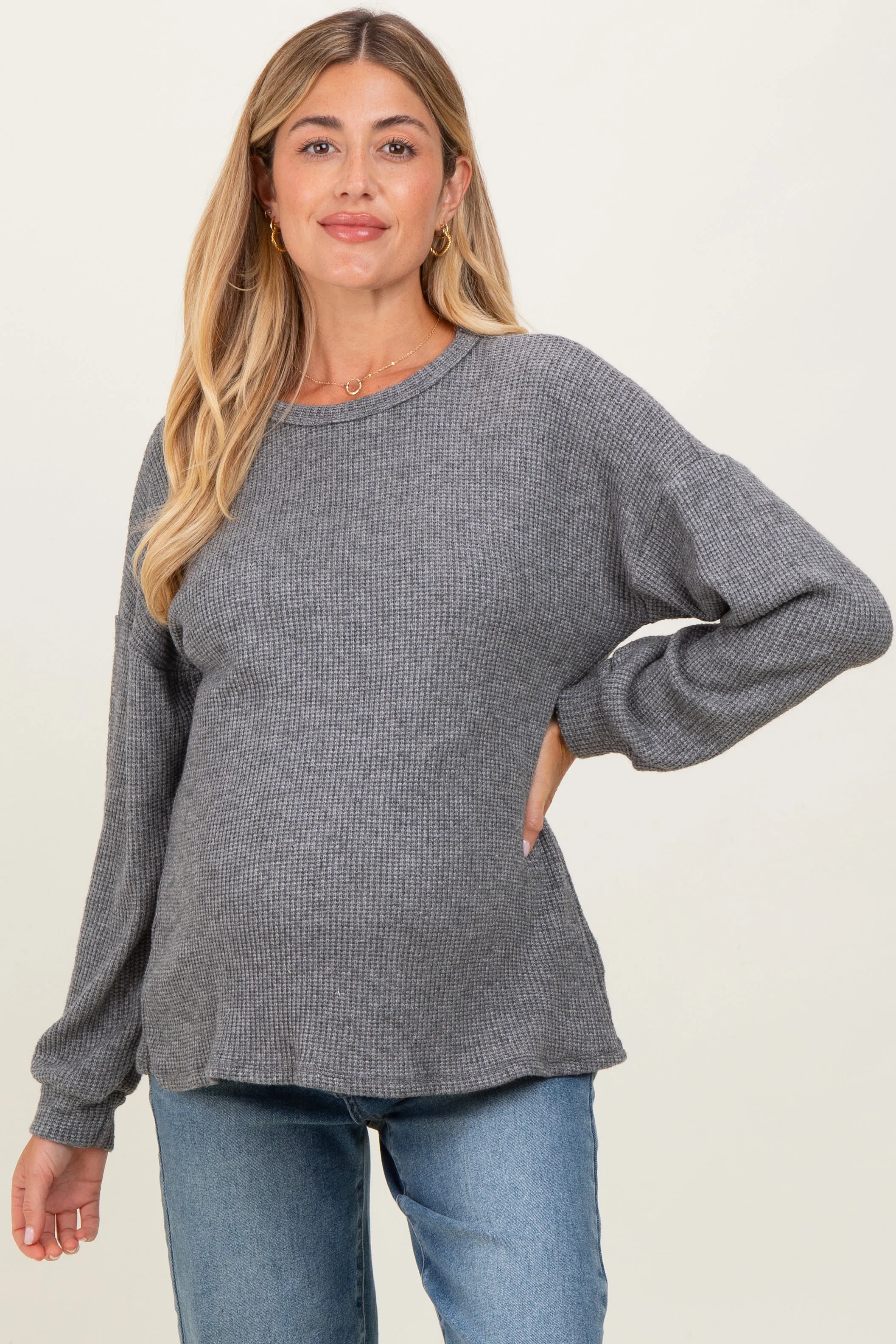 Charcoal Puff Sleeve Solid Maternity Sweater Top sold by Pinkblush