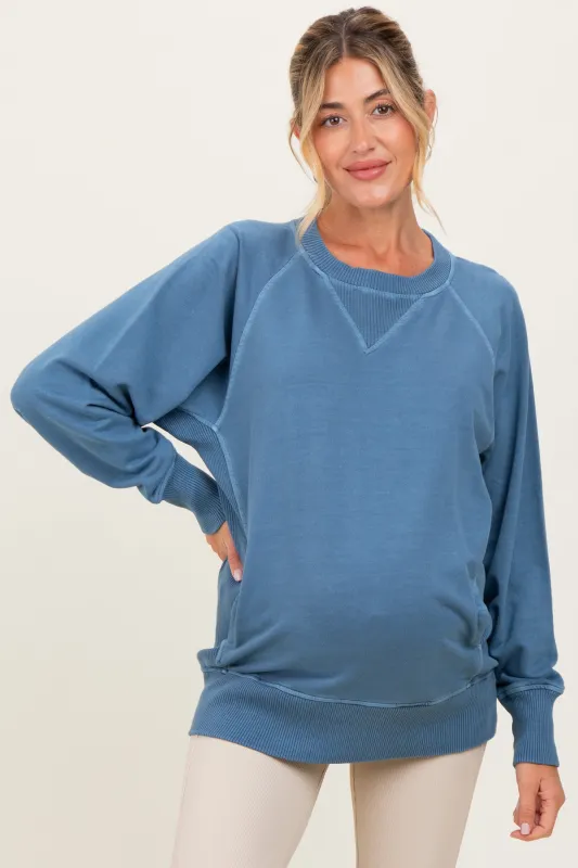 Blue Vintage Wash French Terry Maternity Pullover sold by Pinkblush