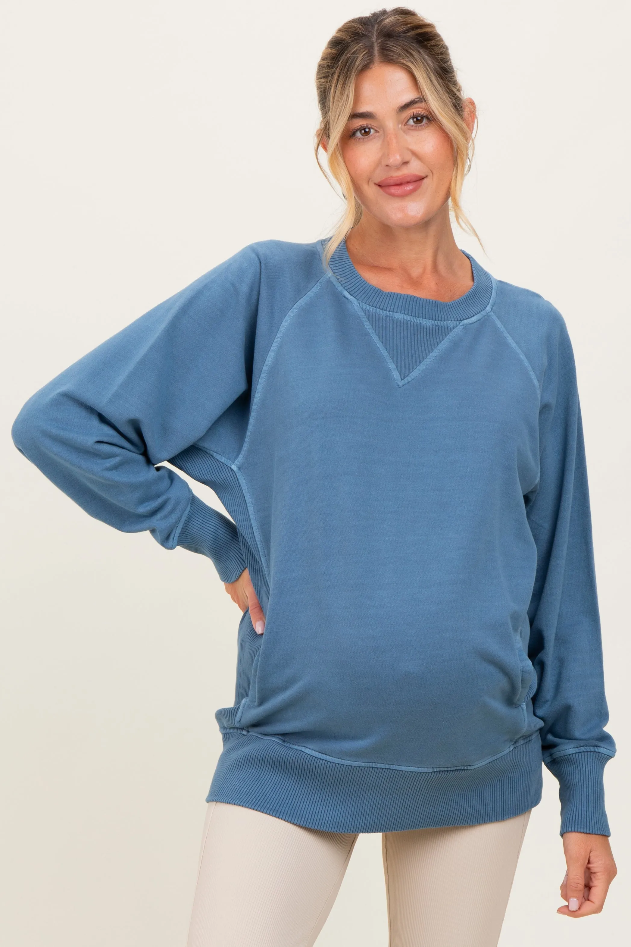 Blue Vintage Wash French Terry Maternity Pullover sold by Pinkblush