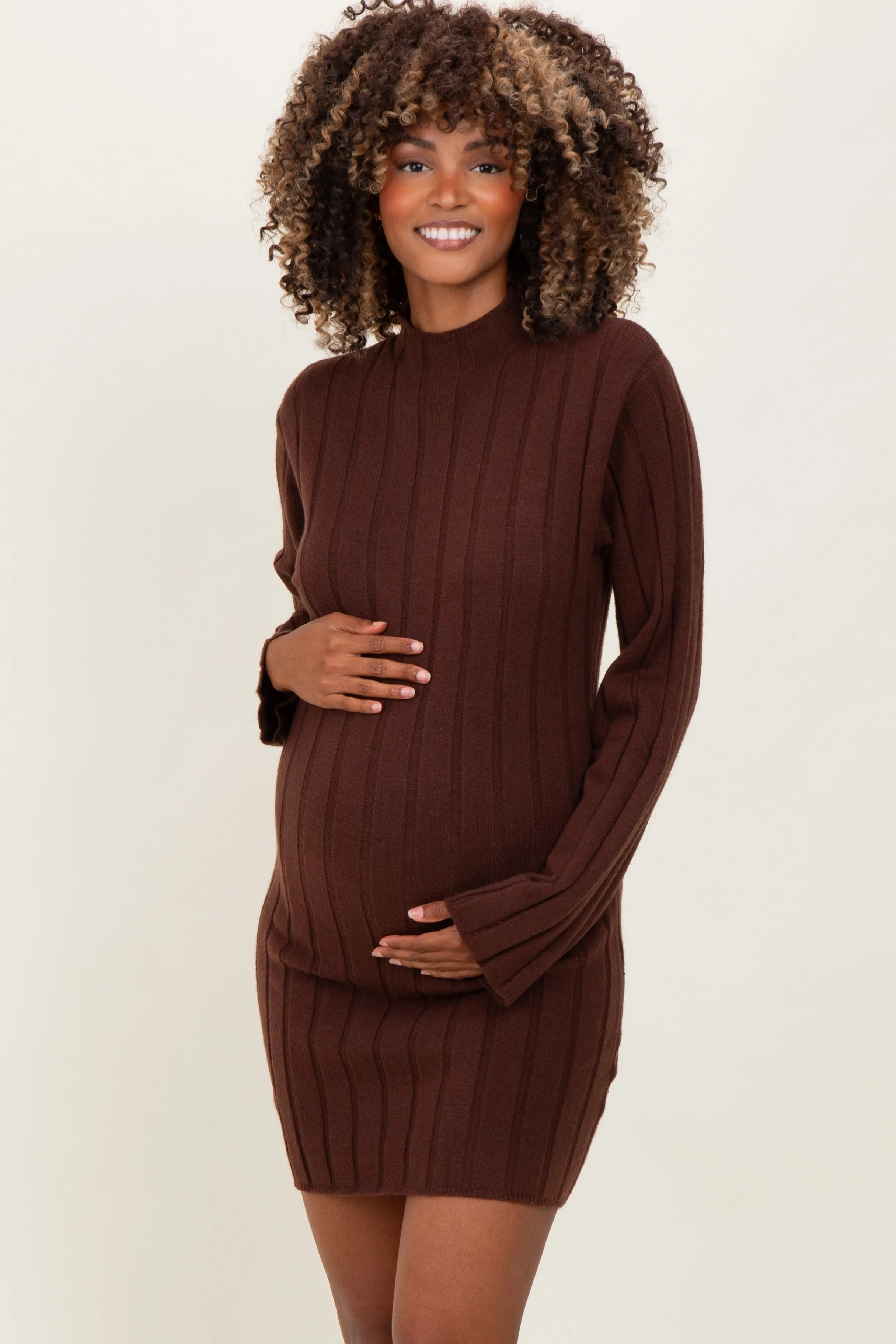 Brown Wide Rib Mock Neck Maternity Sweater Mini Dress sold by Pinkblush product image thumbnail 2
