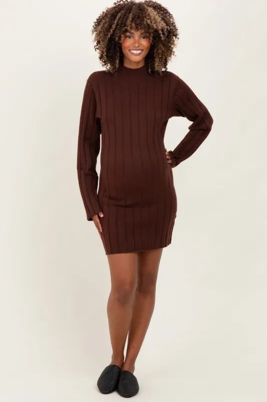 Brown Wide Rib Mock Neck Maternity Sweater Mini Dress sold by Pinkblush
