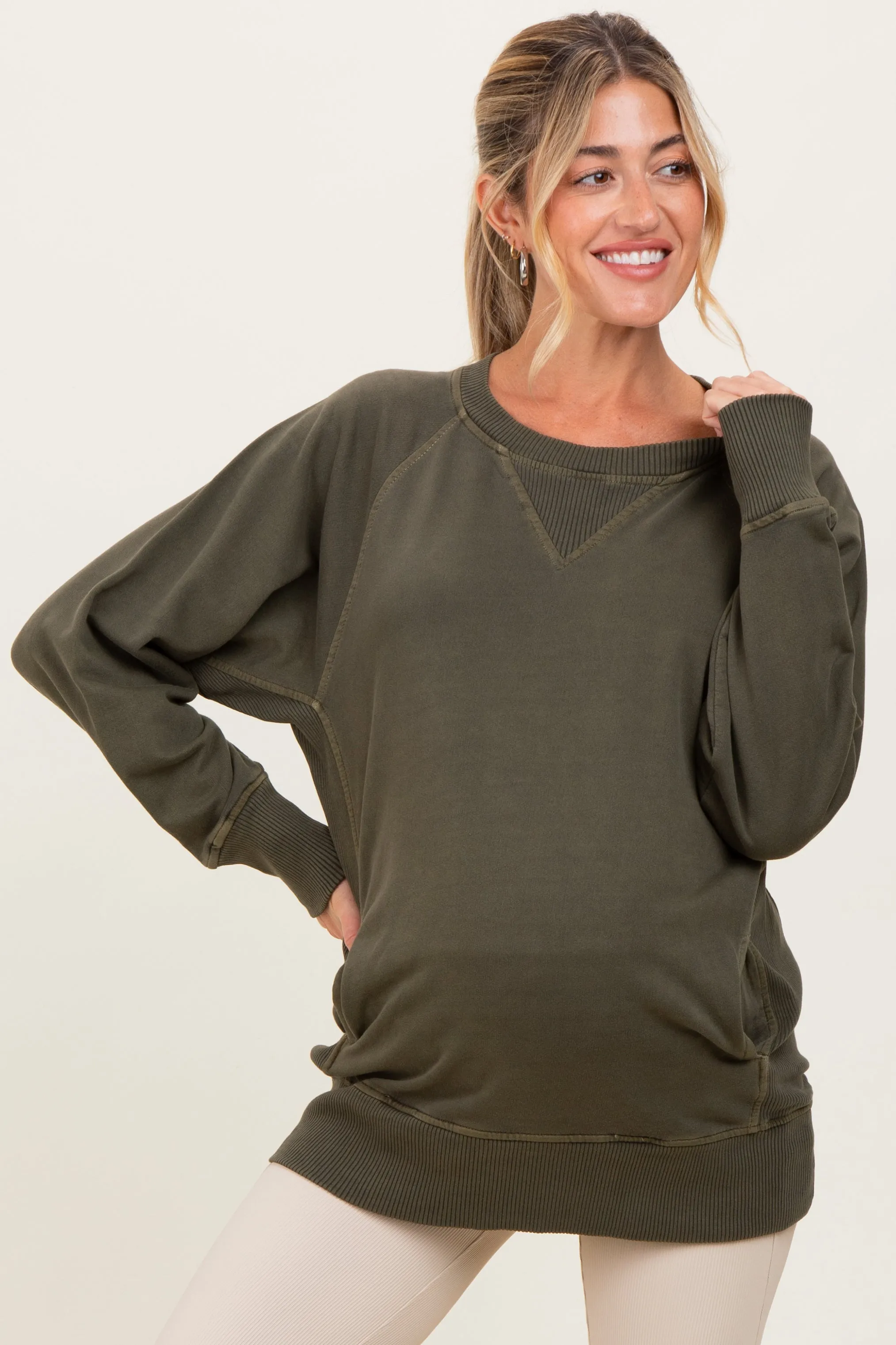 Olive Vintage Wash French Terry Maternity Pullover sold by Pinkblush