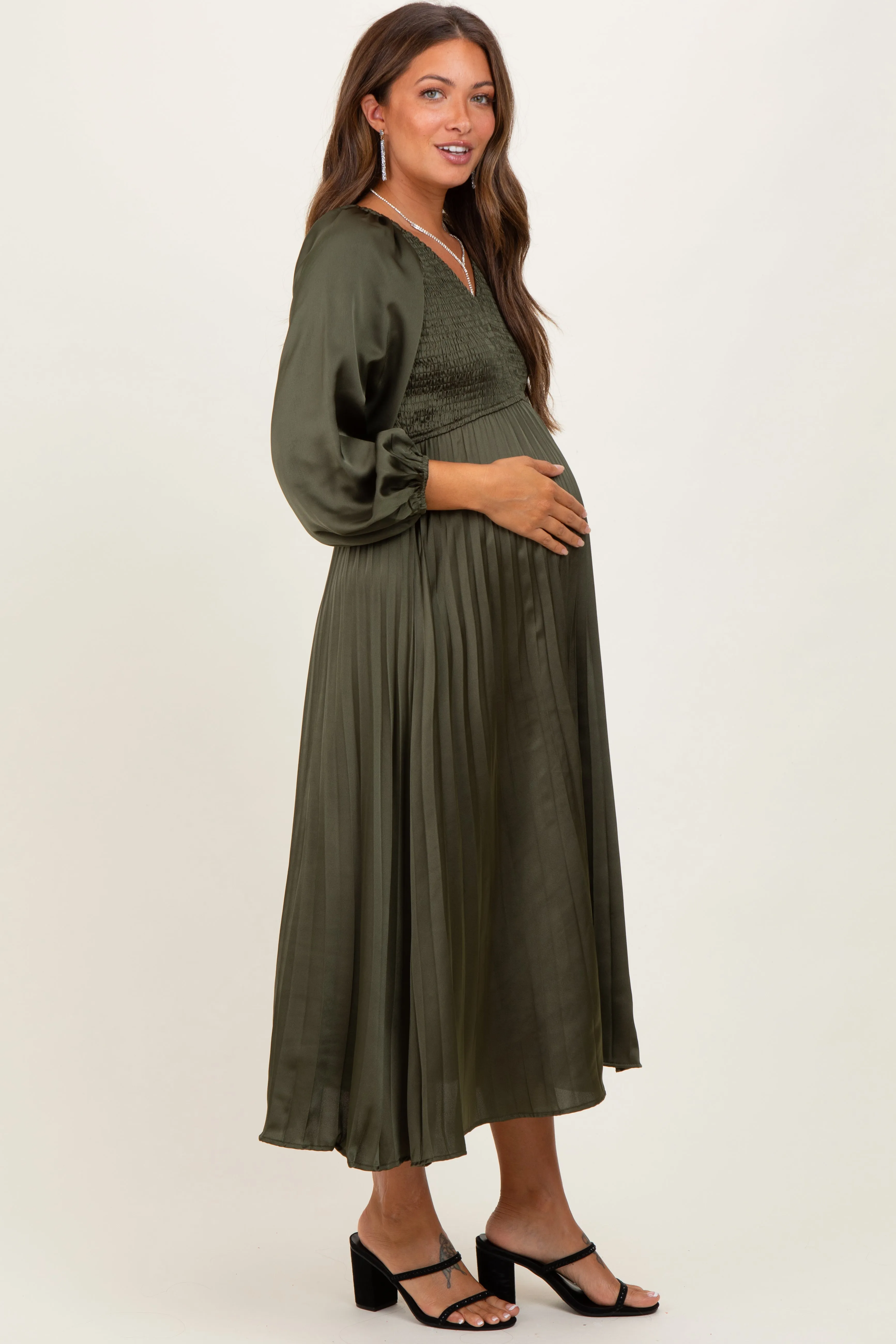 Olive Satin Smocked Pleated Maternity Midi Dress sold by Pinkblush product image thumbnail 2