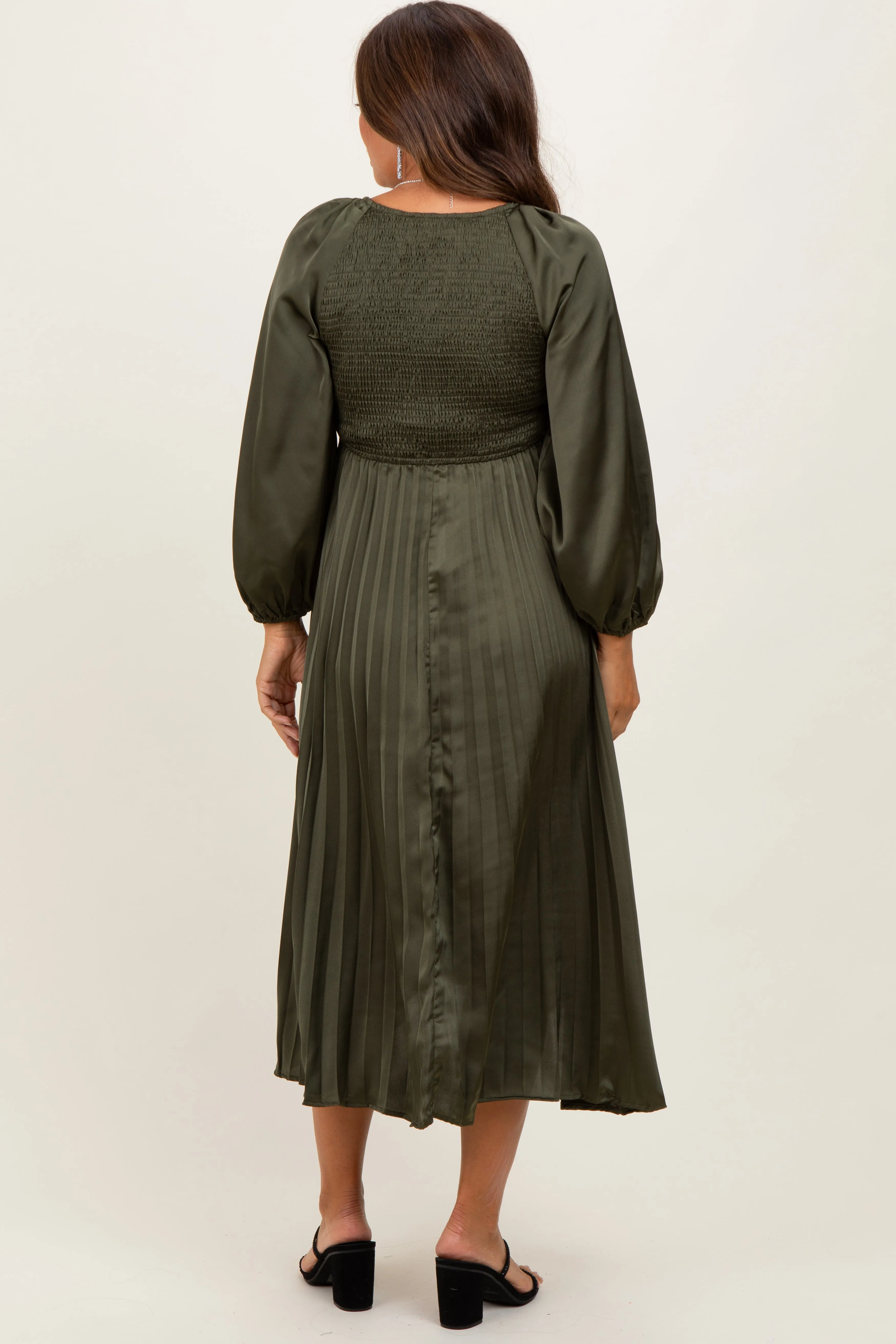 Olive Satin Smocked Pleated Maternity Midi Dress sold by Pinkblush product image thumbnail 3