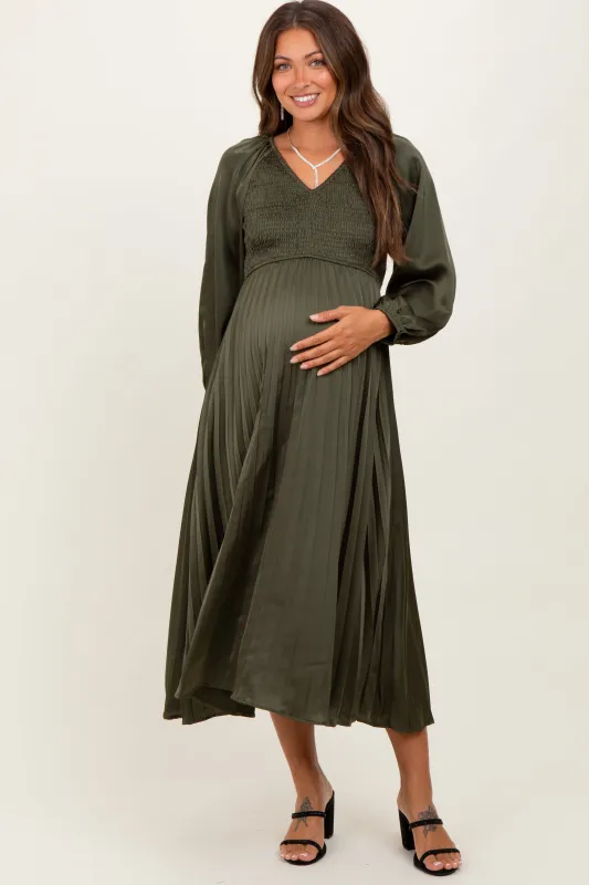 Olive Satin Smocked Pleated Maternity Midi Dress sold by Pinkblush