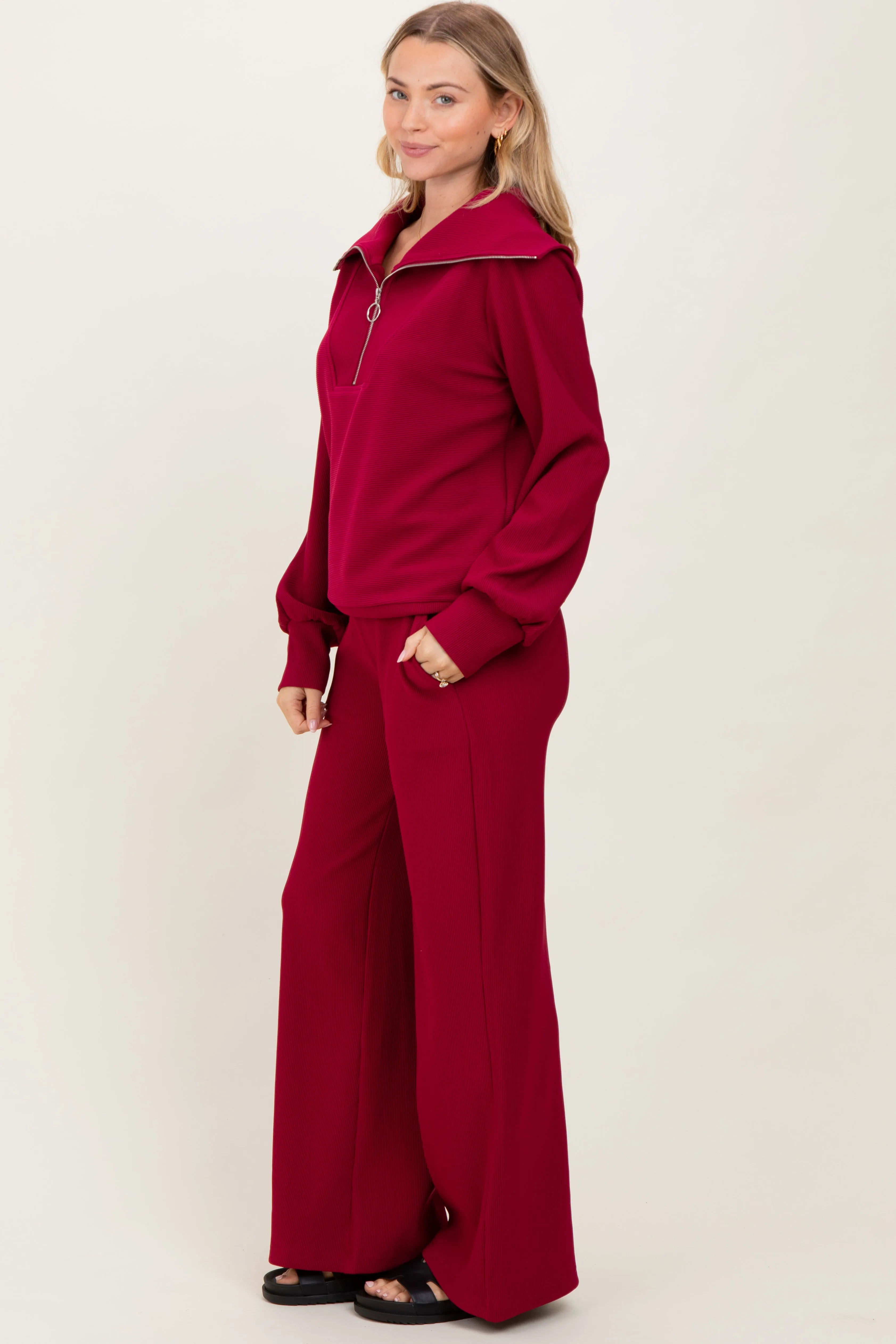 Burgundy RIbbed Half Zip Pullover Wide Leg Pant Maternity Set sold by Pinkblush product image thumbnail 4