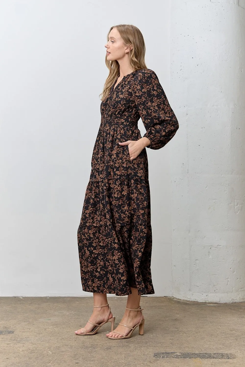 Black Floral Smocked Waist Long Sleeve Midi Dress sold by Pinkblush product image thumbnail 2