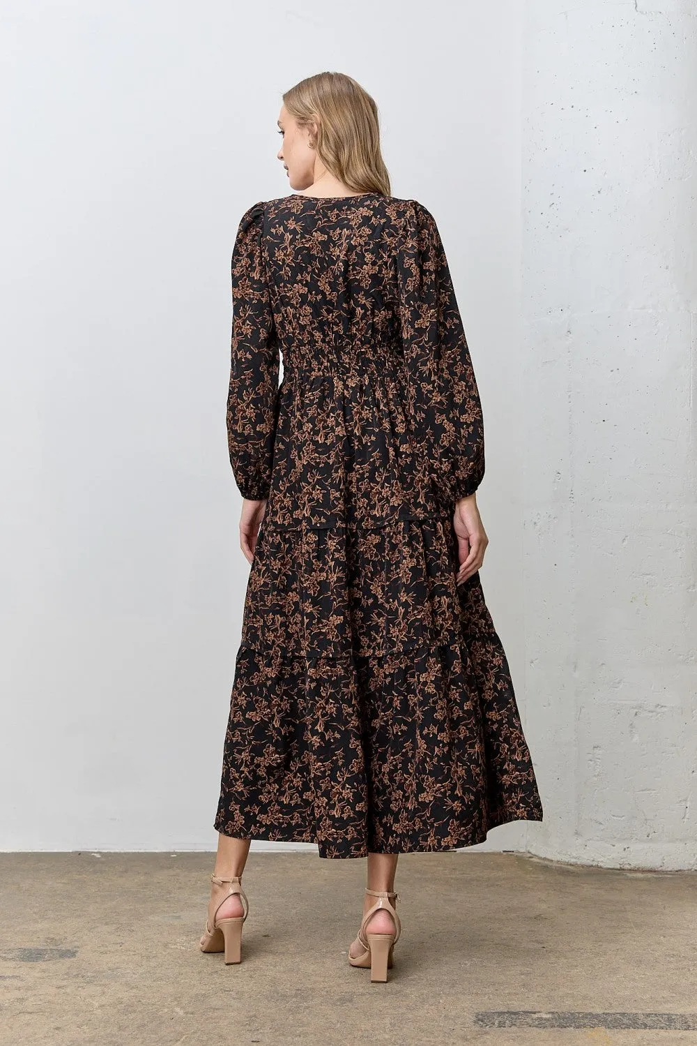 Black Floral Smocked Waist Long Sleeve Midi Dress sold by Pinkblush product image thumbnail 3