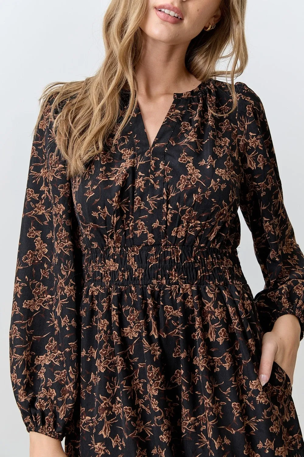 Black Floral Smocked Waist Long Sleeve Midi Dress sold by Pinkblush product image thumbnail 4