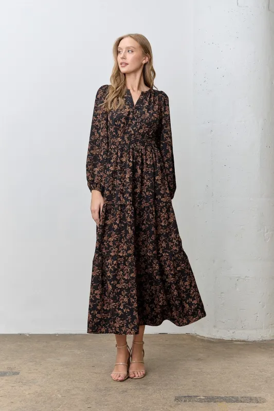 Black Floral Smocked Waist Long Sleeve Midi Dress sold by Pinkblush