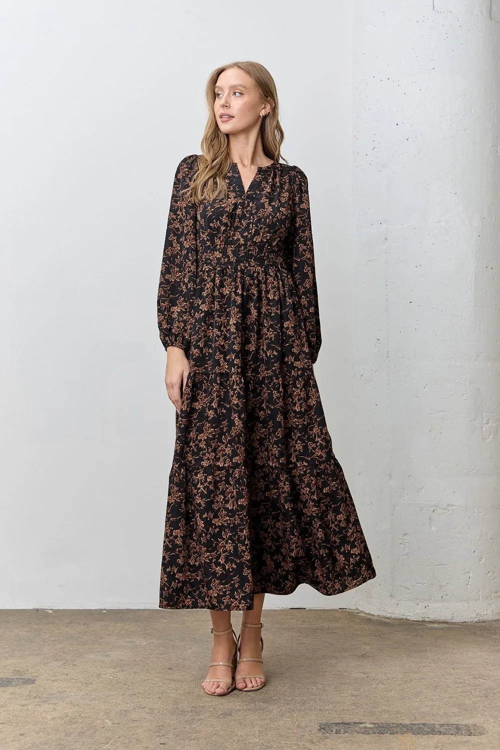 Black Floral Smocked Waist Long Sleeve Midi Dress sold by Pinkblush