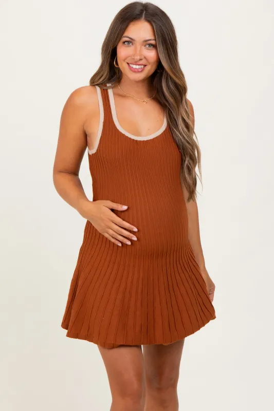 Rust Sleeveless Ribbed Flare Maternity Dress sold by Pinkblush
