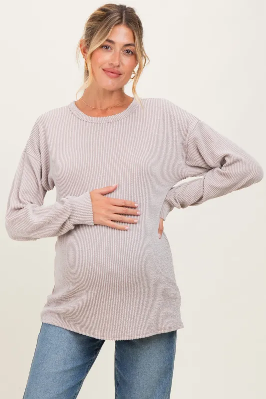 Beige Puff Sleeve Solid Ribbed Maternity Top sold by Pinkblush