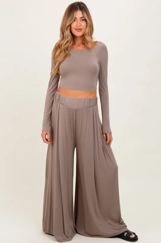 Mocha Long-Sleeve Crop Top And Maxi Pants Maternity Set sold by Pinkblush