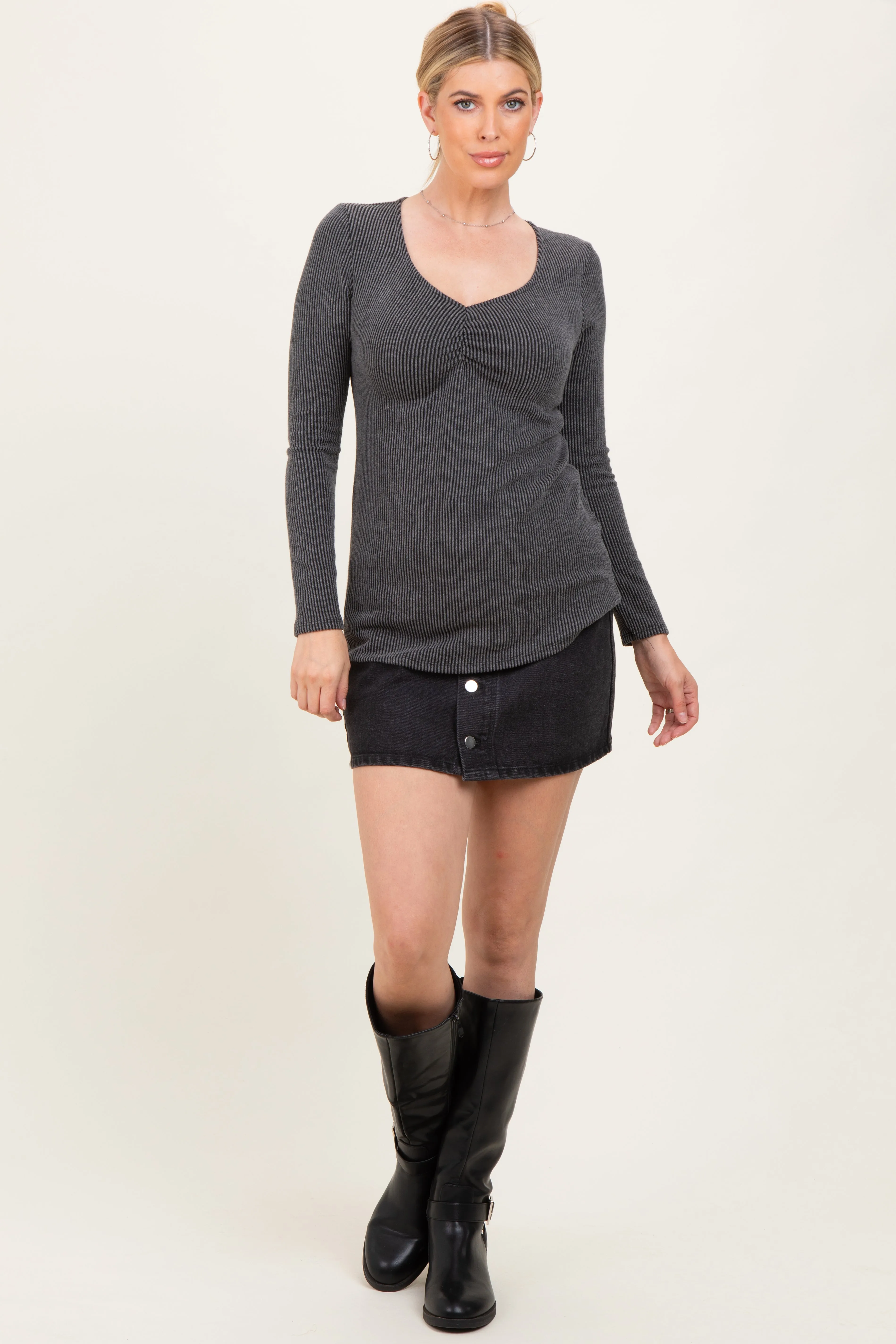 Charcoal Sweetheart Ribbed Long Sleeve Top sold by Pinkblush product image thumbnail 2