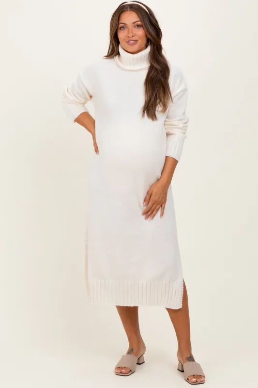 Cream Turtleneck Chunky Knit Maternity Midi Sweater Dress sold by Pinkblush