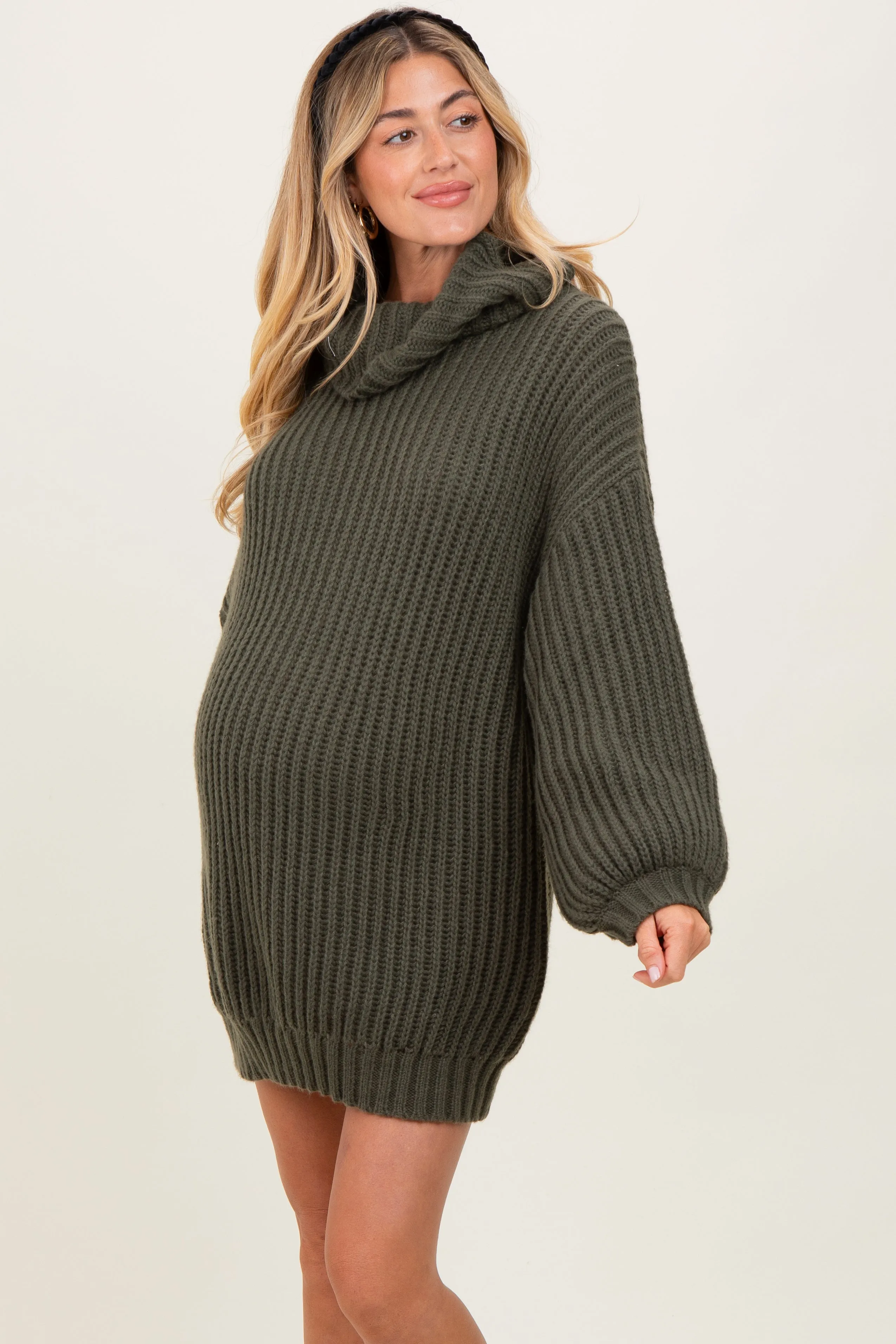 Olive Turtleneck Puff Sleeve Maternity Sweater Dress sold by Pinkblush product image thumbnail 2