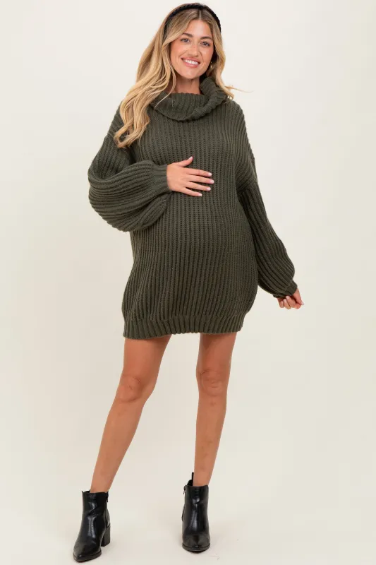 Olive Turtleneck Puff Sleeve Maternity Sweater Dress sold by Pinkblush