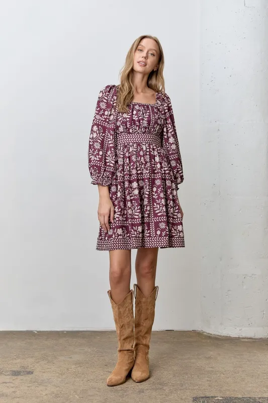 Plum Floral Square Neck Bubble Sleeve Dress sold by Pinkblush
