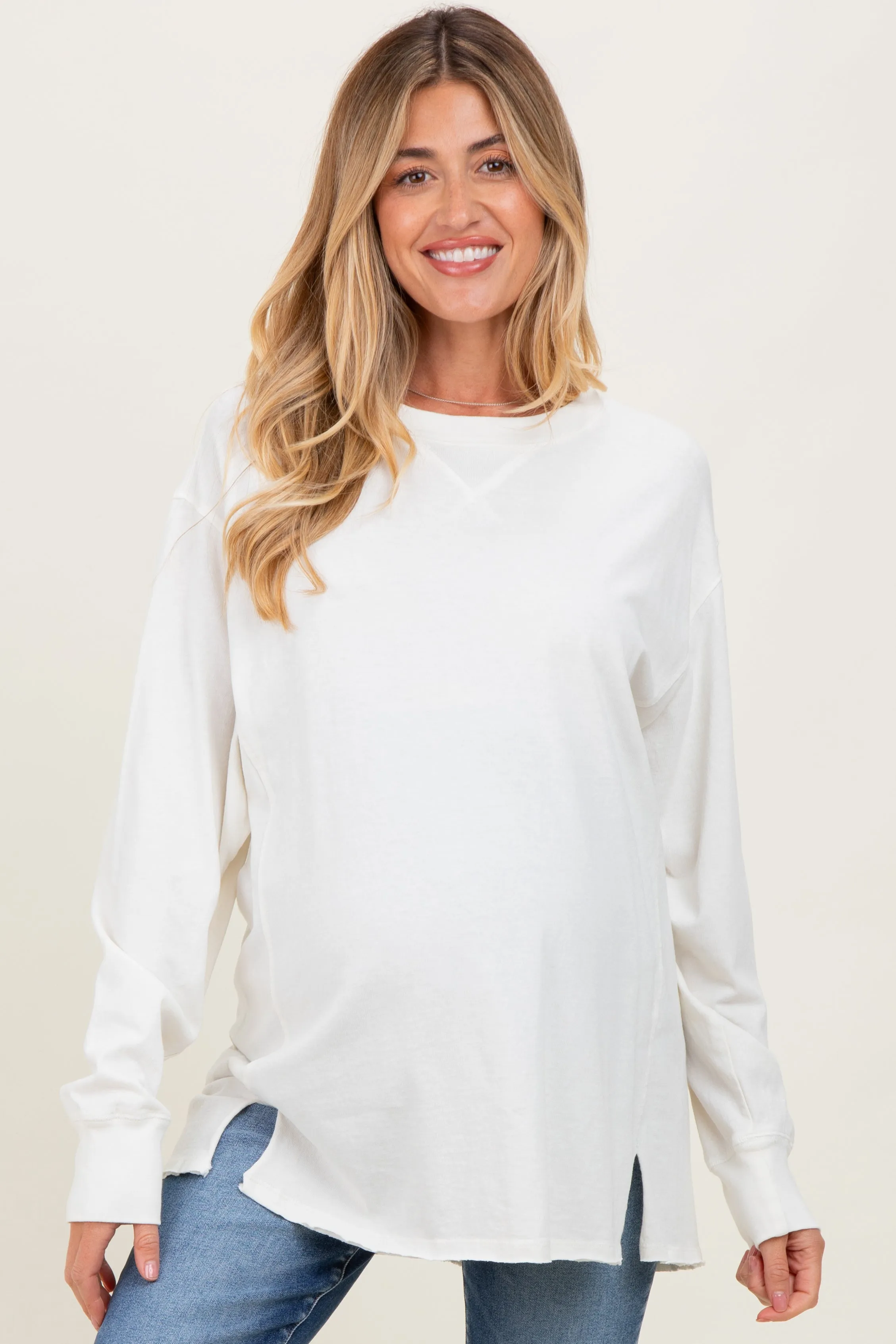 Cream Mineral Washed Drop Shoulder Long Sleeve Maternity Top sold by Pinkblush