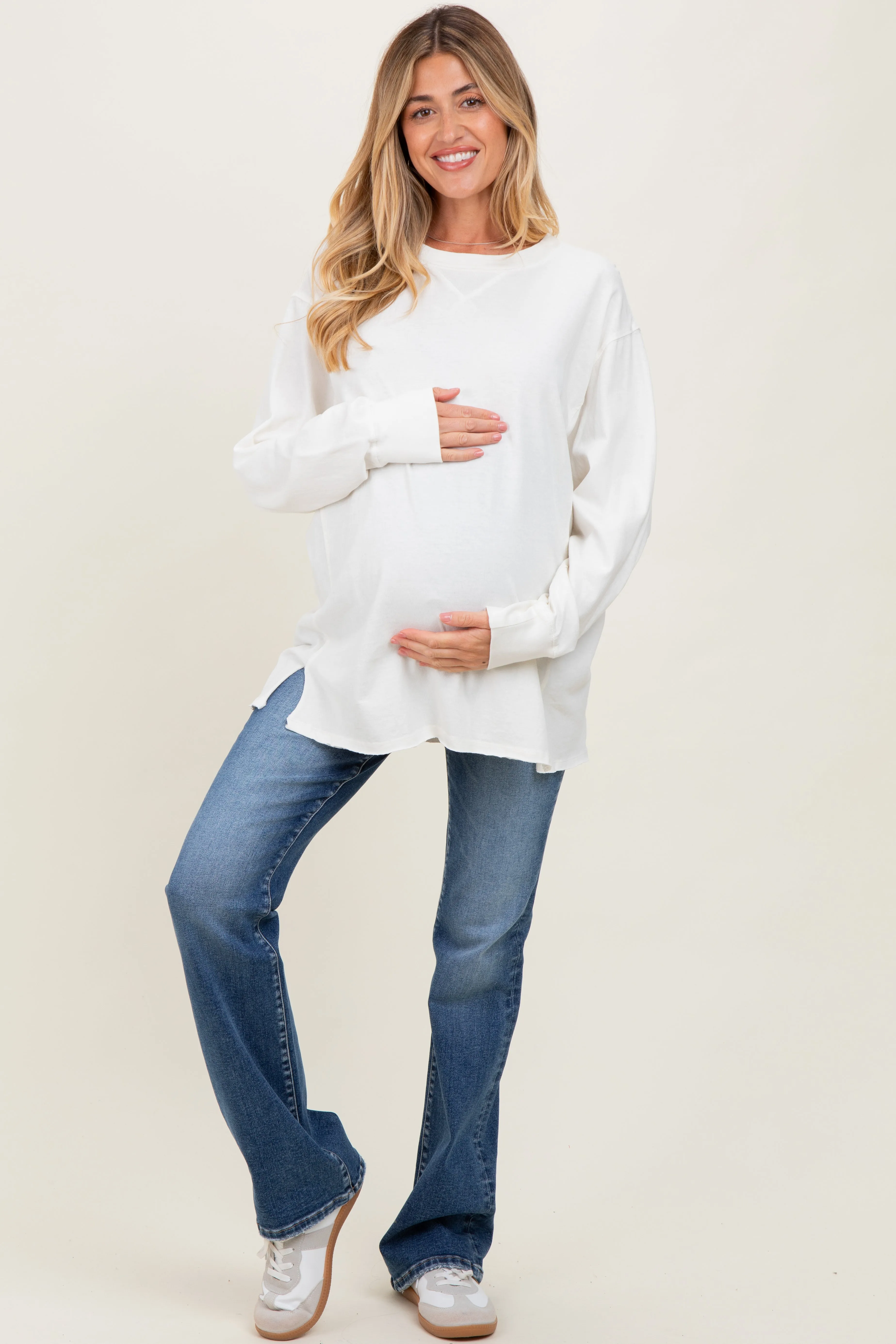 Cream Mineral Washed Drop Shoulder Long Sleeve Maternity Top sold by Pinkblush product image thumbnail 2