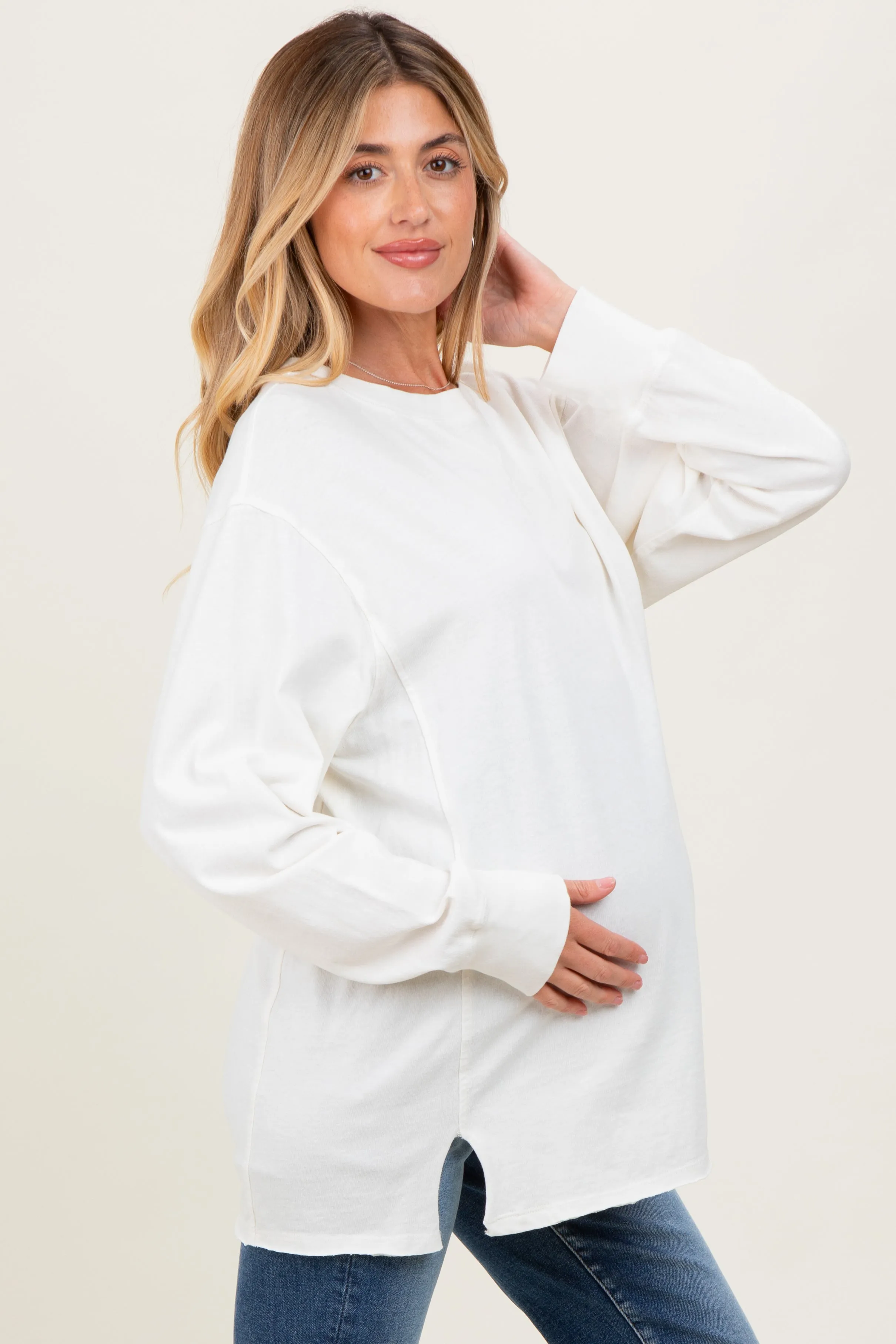 Cream Mineral Washed Drop Shoulder Long Sleeve Maternity Top sold by Pinkblush product image thumbnail 3