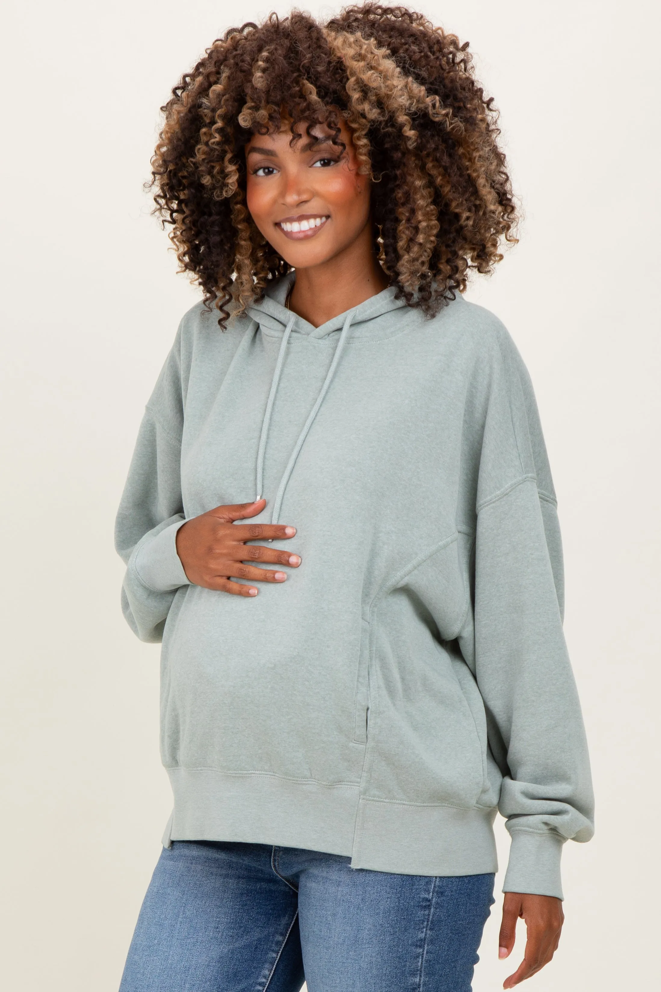 Sage Green Drop Shoulder Long Sleeve Oversized Maternity Hoodie sold by Pinkblush product image thumbnail 3