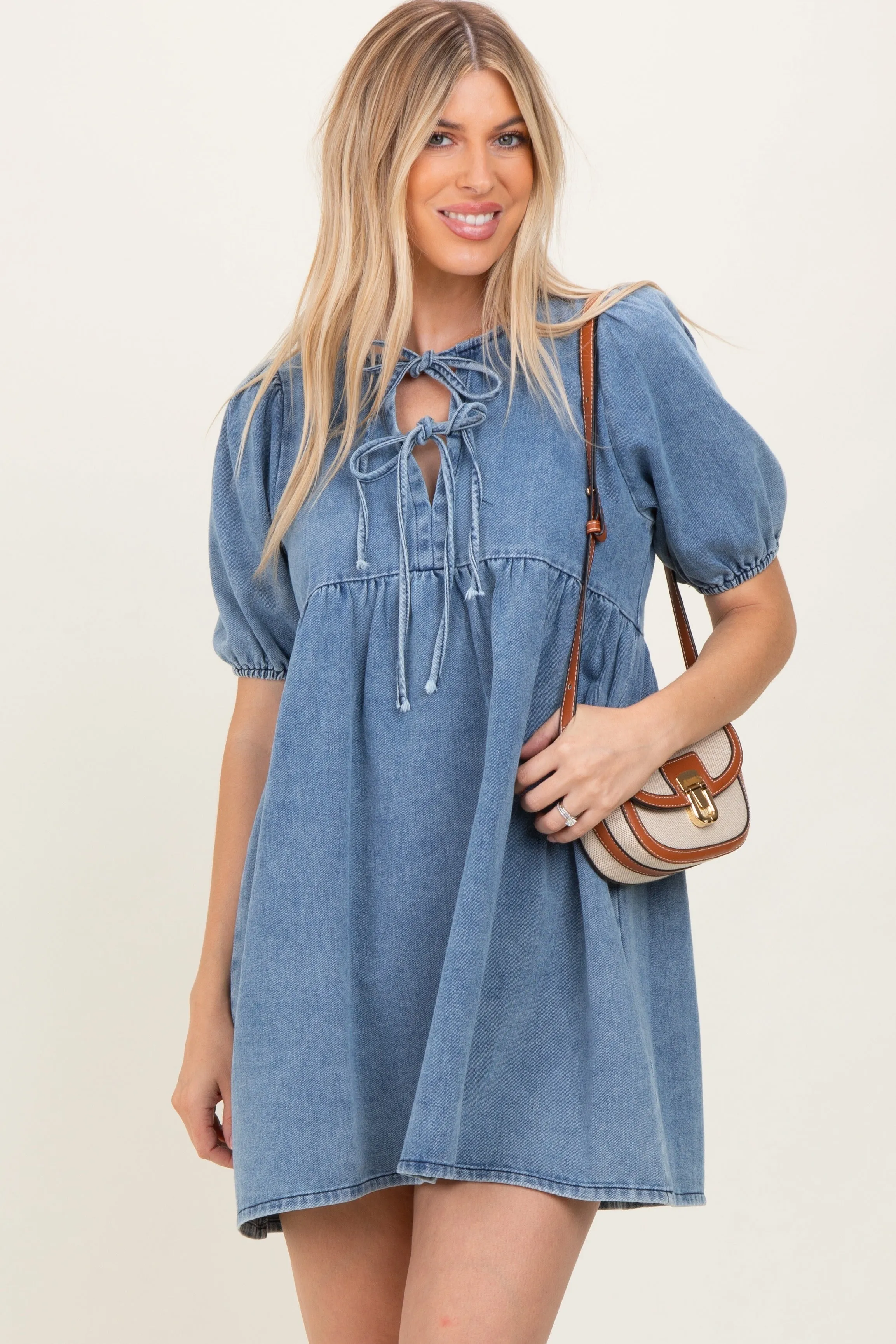 Blue Chambray Double Front Tie Dress sold by Pinkblush