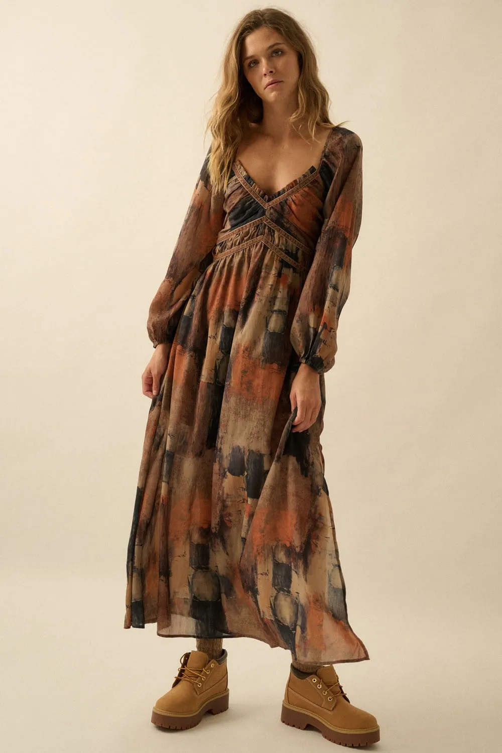 Multicolor Abstract Print Velvet Trim Maxi Dress sold by Pinkblush