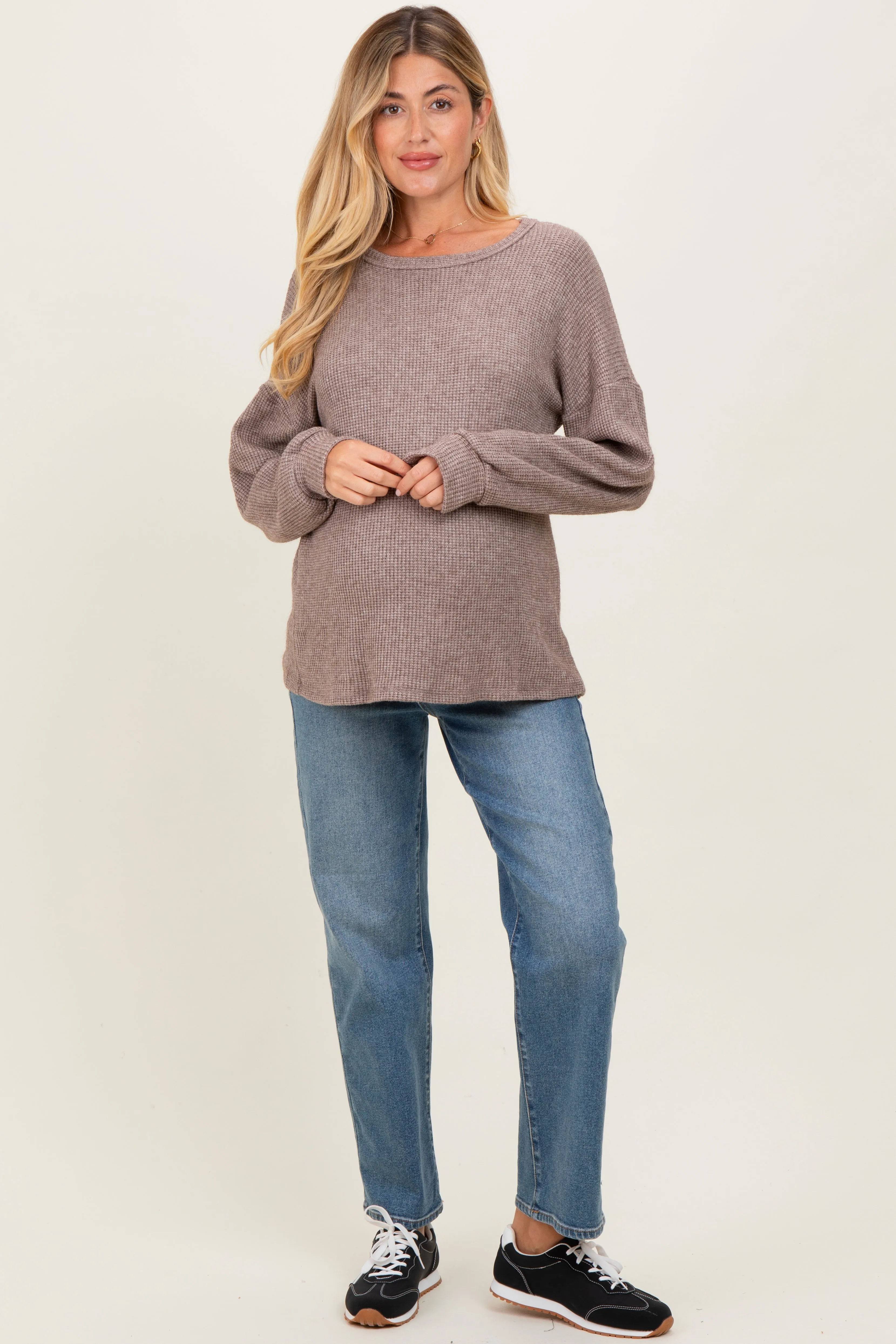 Mocha Puff Sleeve Solid Maternity Sweater Top sold by Pinkblush product image thumbnail 2