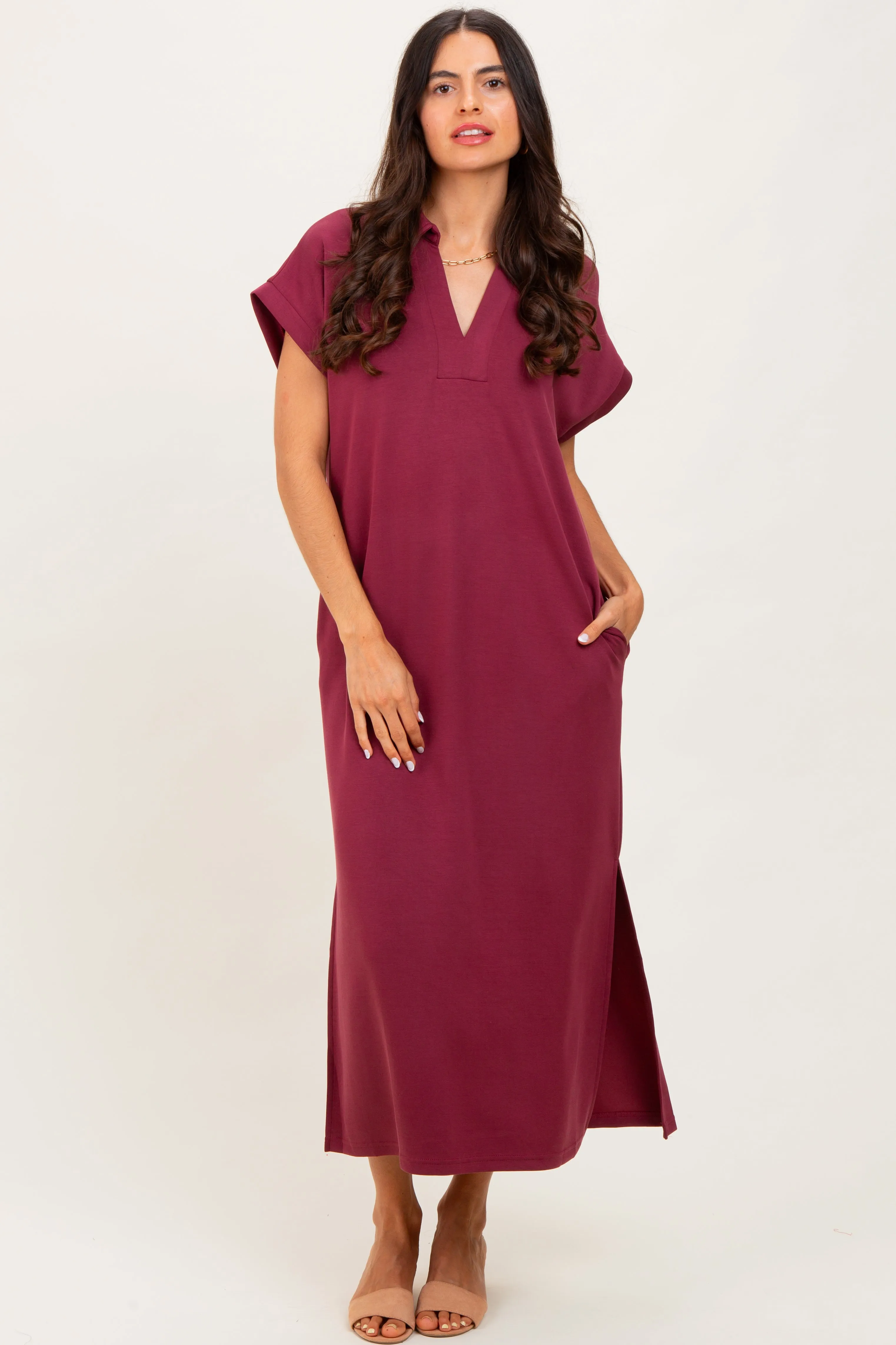 Burgundy Collared Short Sleeve Maternity Midi Dress sold by Pinkblush product image thumbnail 4