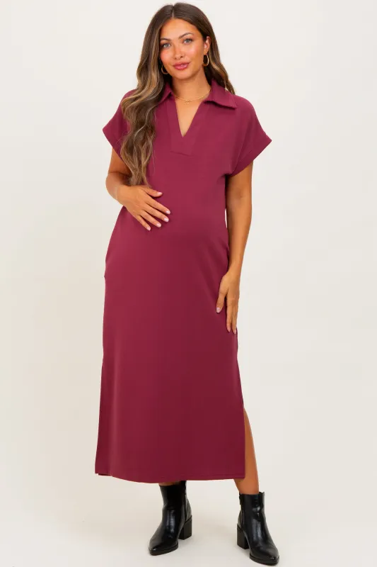 Burgundy Collared Short Sleeve Maternity Midi Dress sold by Pinkblush