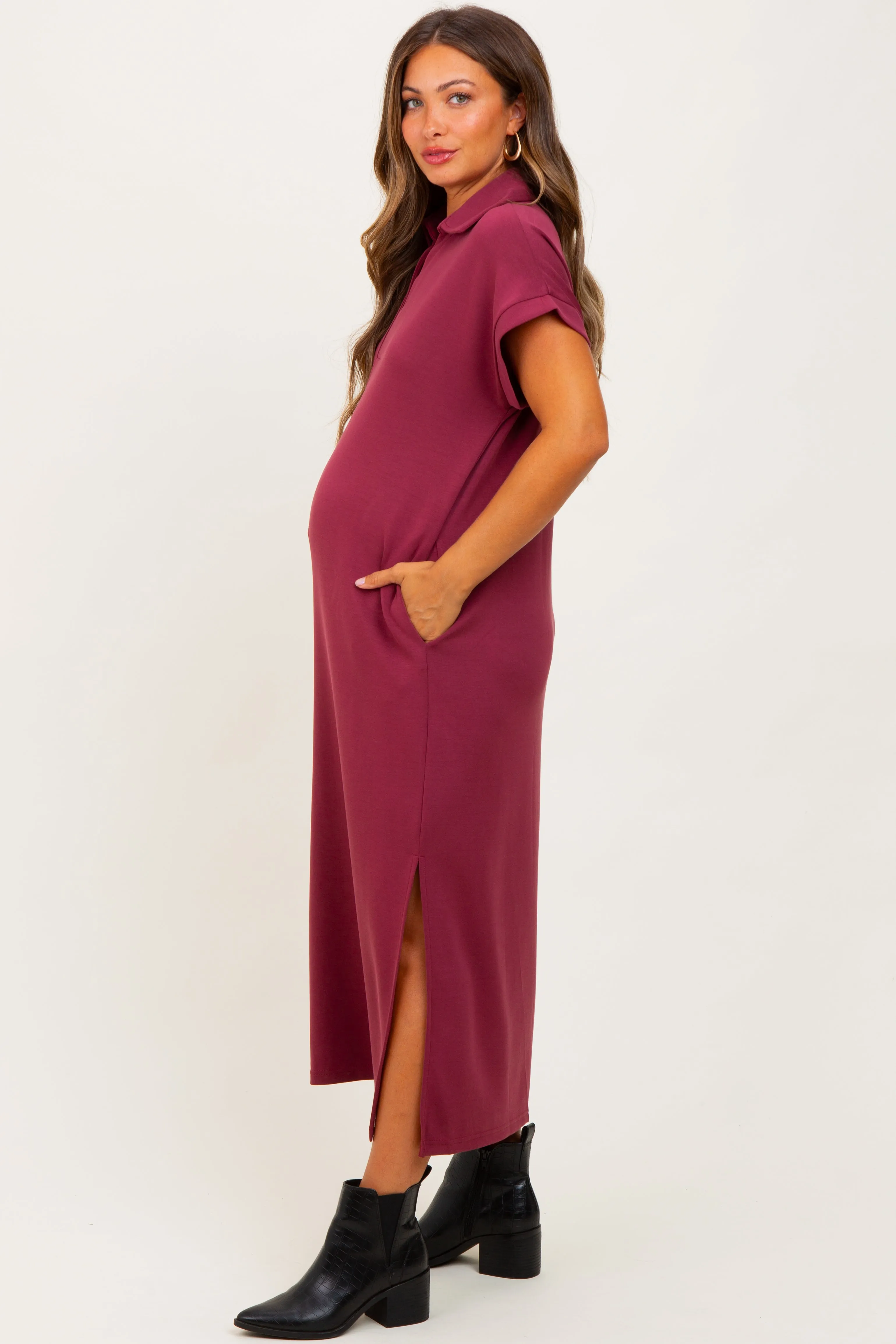 Burgundy Collared Short Sleeve Maternity Midi Dress sold by Pinkblush product image thumbnail 2